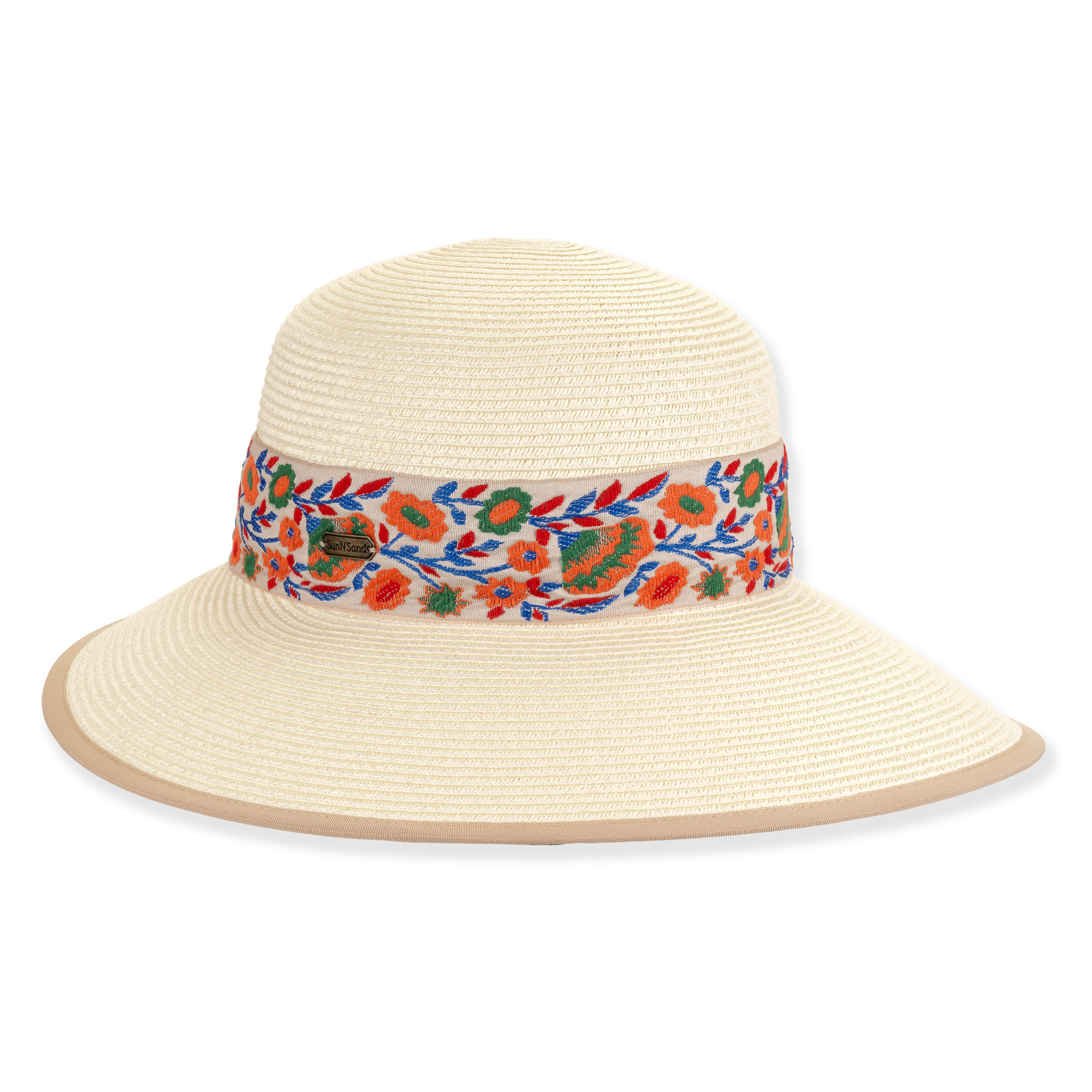 Front view studio shot of woven Sun N Sand tapered bucket hat featuring embroidered floral band, metal plaque and tan piping.