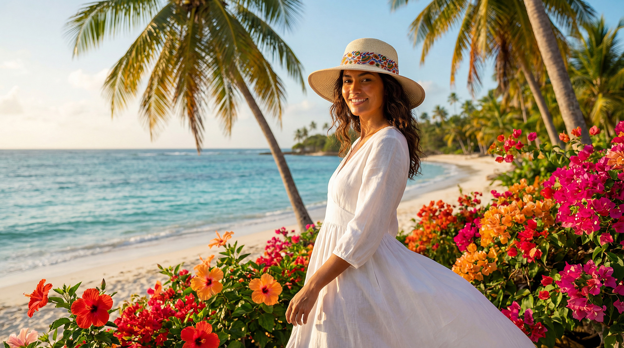 Front angled view of the Sun N Sand tapered bucket hat in natural straw, featuring embroidered band detailing and adjustable UPF‑protection design.