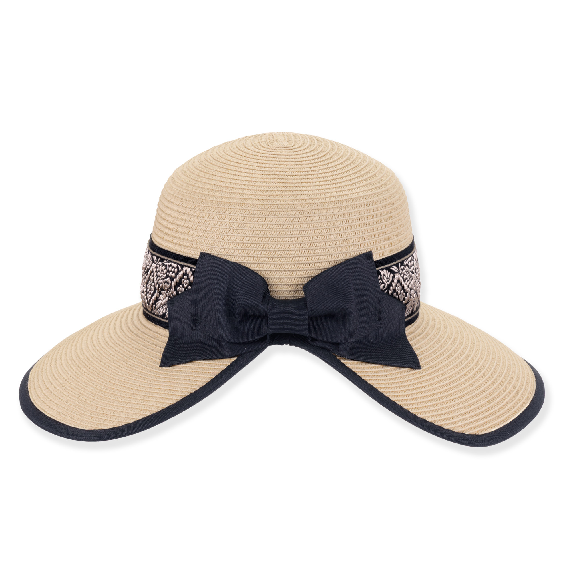 Front three-quarter studio view of Sun N Sand backless hat featuring tan woven texture, geometric embroidered band and black piping