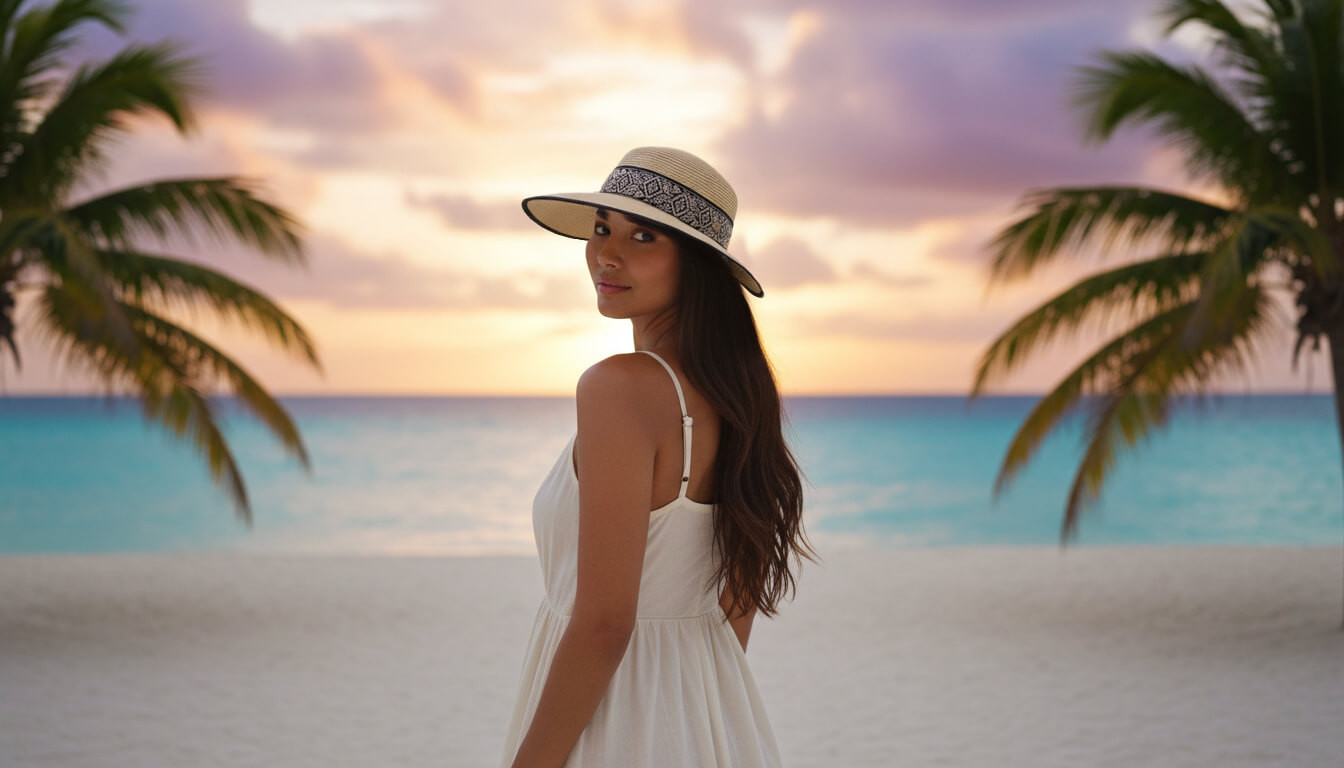 Lifestyle portrait of the Sun N Sand HH3482 Women’s Backless Hat in natural woven straw, featuring a geometric patterned hatband and a unique backless design for an adjustable fit and UPF 50+ sun protection