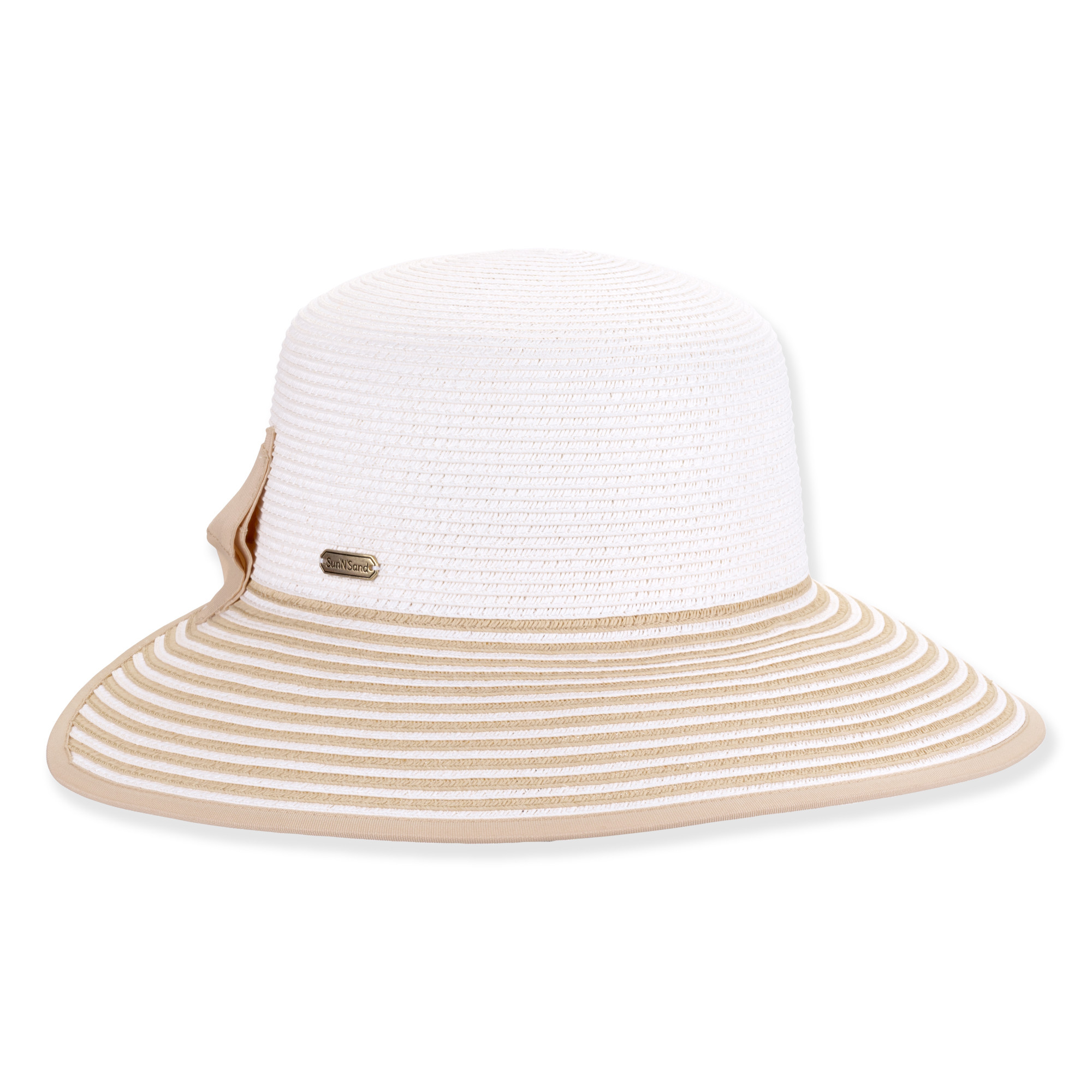 Three-quarter studio view of Sun N Sand HH3484 white ribbed backless sun hat featuring tan striped brim and metallic logo.