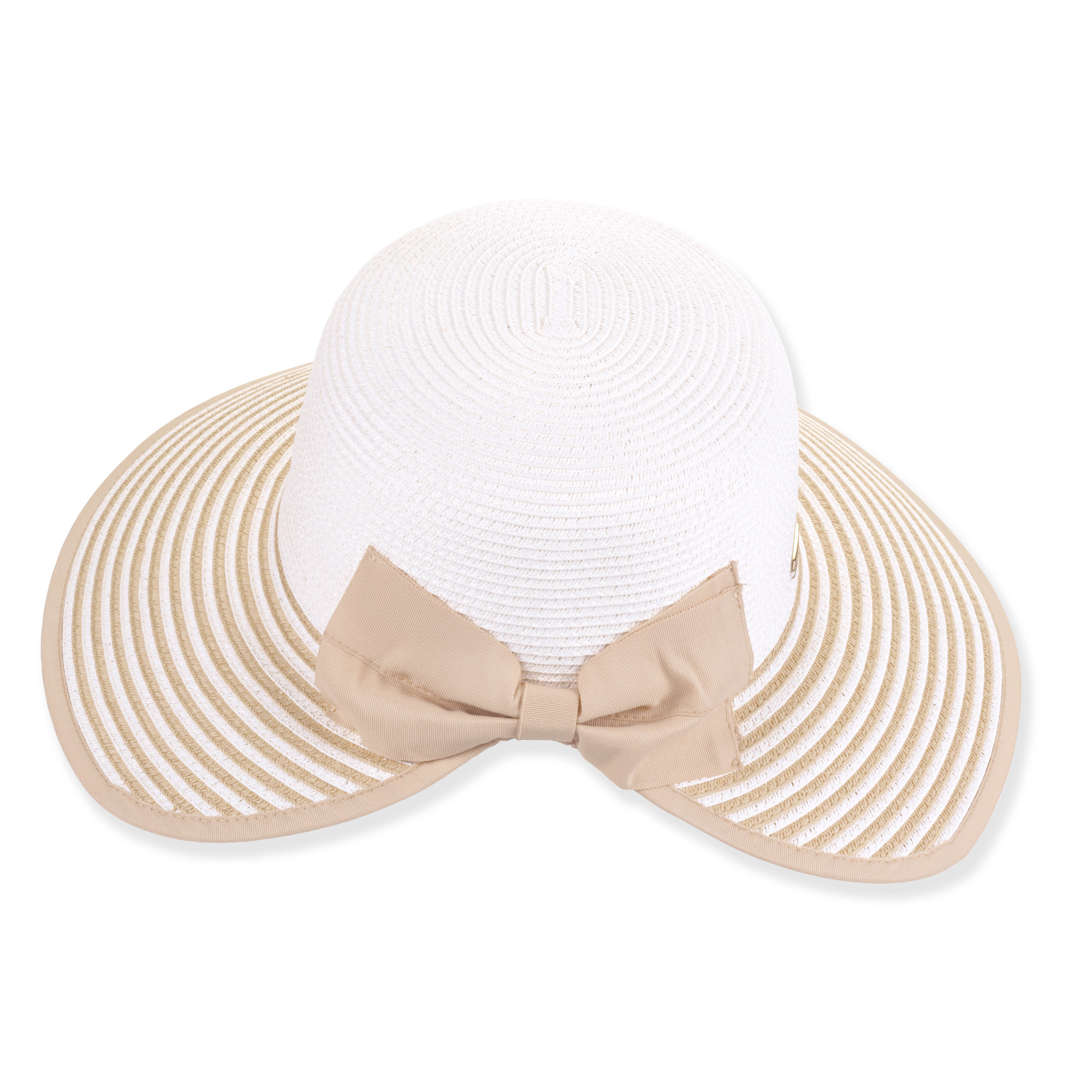 Three-quarter studio view of Sun N Sand HH3484 white ribbed backless sun hat featuring tan striped brim and metallic logo.