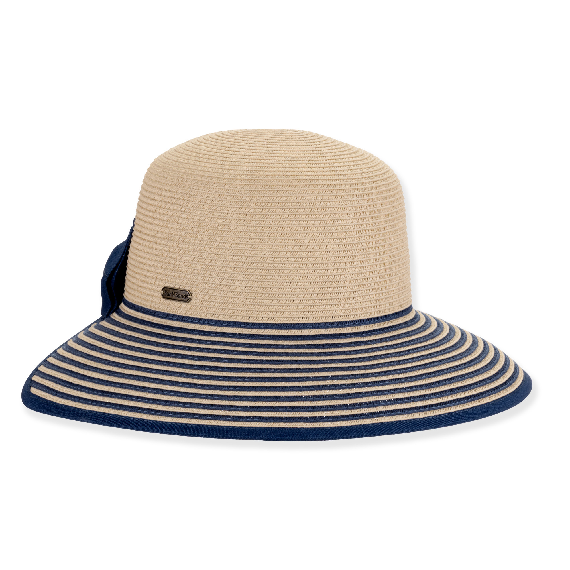 Side studio view of Sun N Sand HH3484 tan straw sun hat featuring navy striped brim, metallic plate, and bow