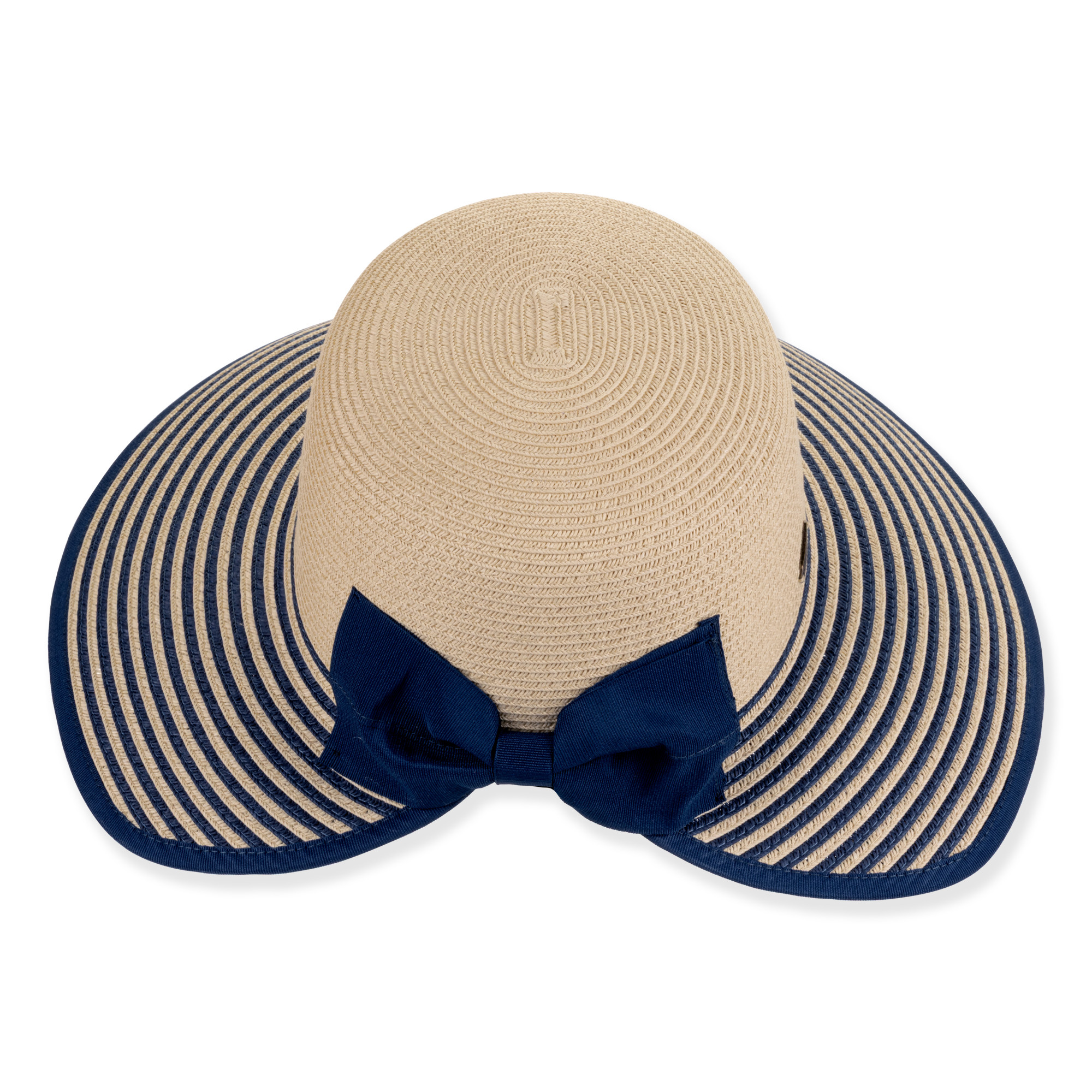 Side studio view of Sun N Sand HH3484 tan straw sun hat featuring navy striped brim, metallic plate, and bow