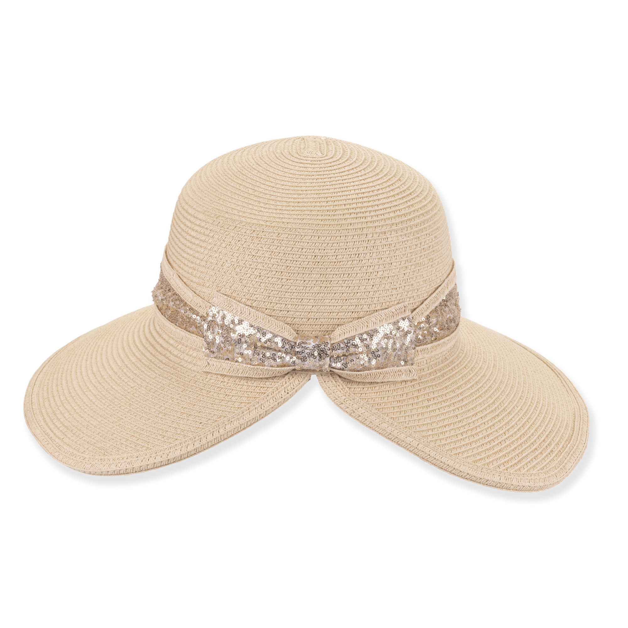 Three-quarter studio view of Sun N Sand HH3488 tan ribbed sun hat featuring a metallic gold sequined band and logo.