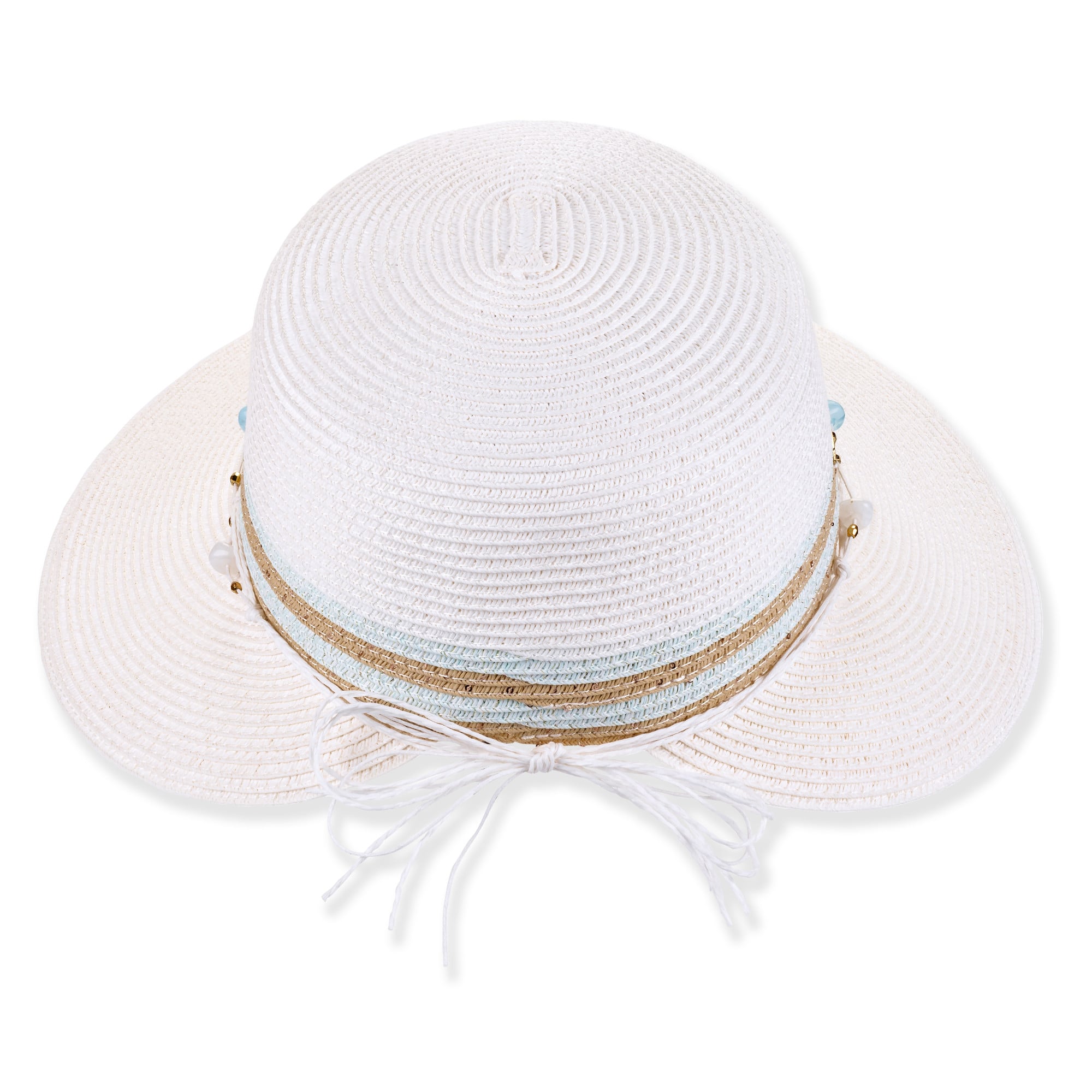 Three-quarter studio view of Sun N Sand HH3490 white ribbed sun hat featuring a tan beaded band with blue accents.
