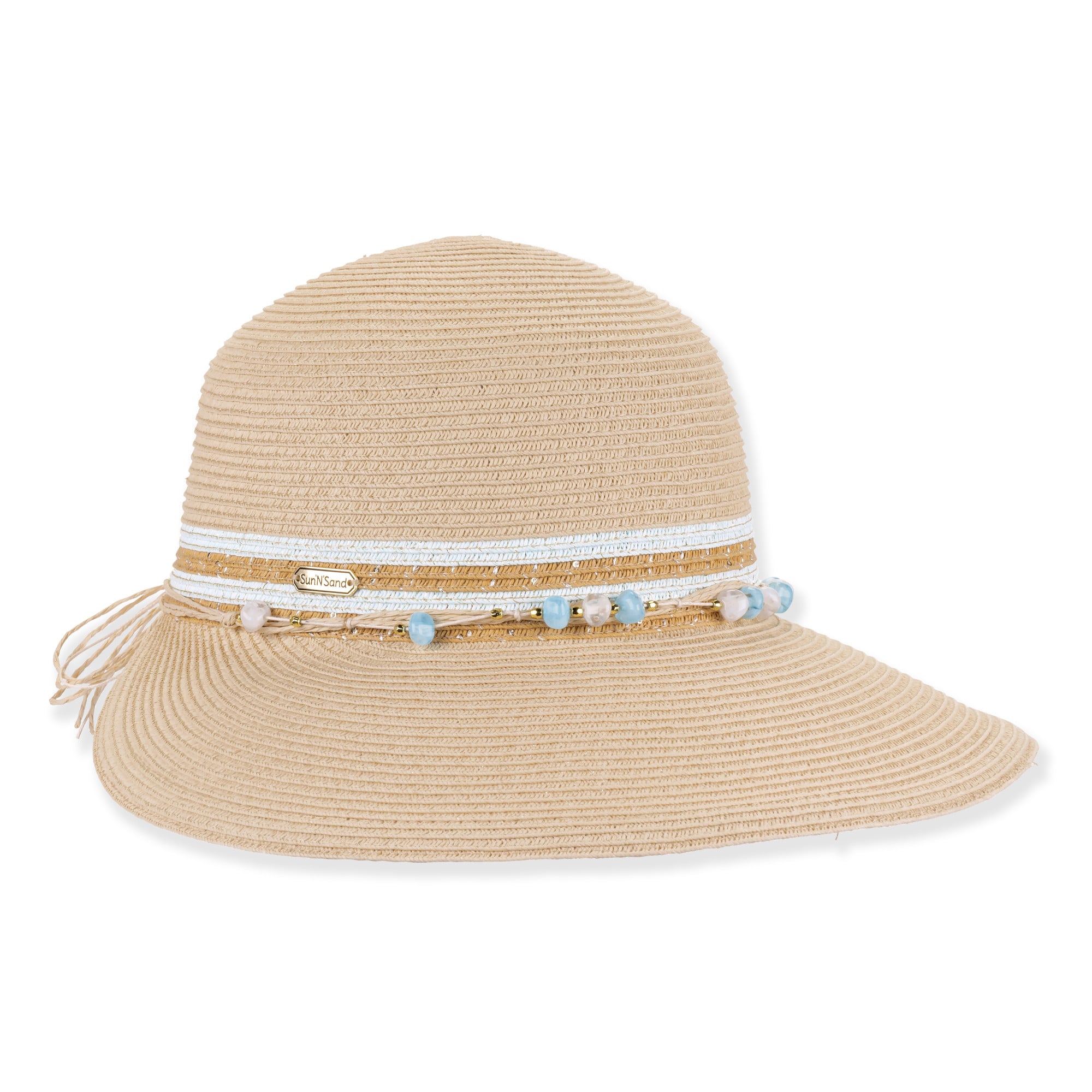 Three-quarter studio view of Sun N Sand HH3490 tan ribbed sun hat featuring a white beaded band with turquoise accents.