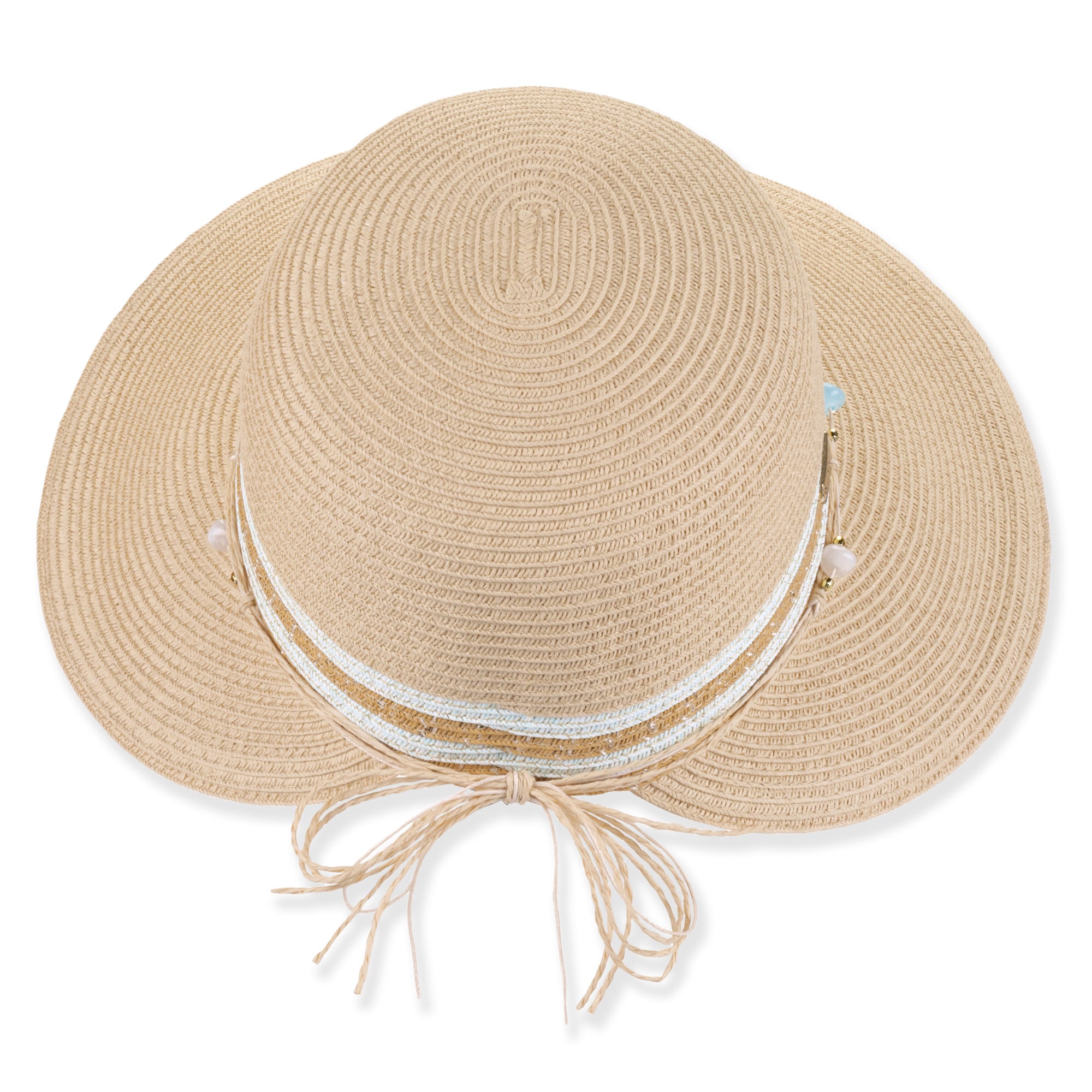 Three-quarter studio view of Sun N Sand HH3490 tan ribbed sun hat featuring a white beaded band with turquoise accents.