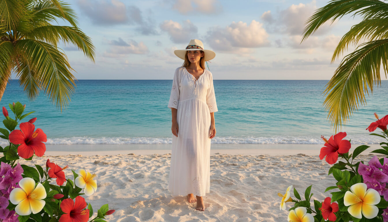 Lifestyle portrait of the Sun N Sand HH3495 Women’s Safari Hat in white woven straw, featuring a decorative beaded hatband and a structured crown with a wide, protective brim for an adjustable fit and UPF 50+ sun protection.