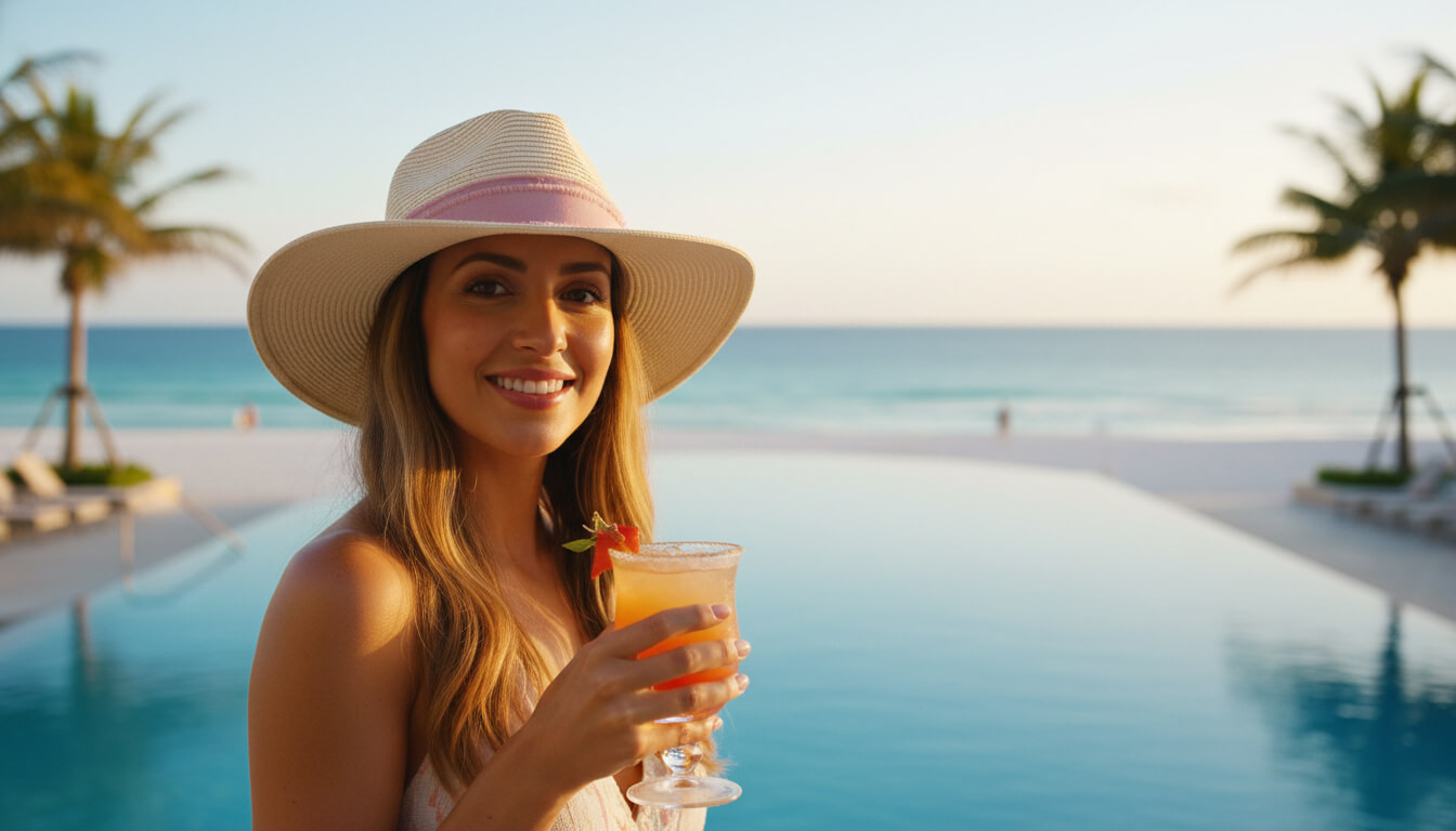 Lifestyle portrait of the Sun N Sand HH3503 Women’s Safari Hat in natural woven straw, featuring a pink grosgrain hatband and a structured crown with a protective brim for an adjustable fit and UPF 50+ sun protection.