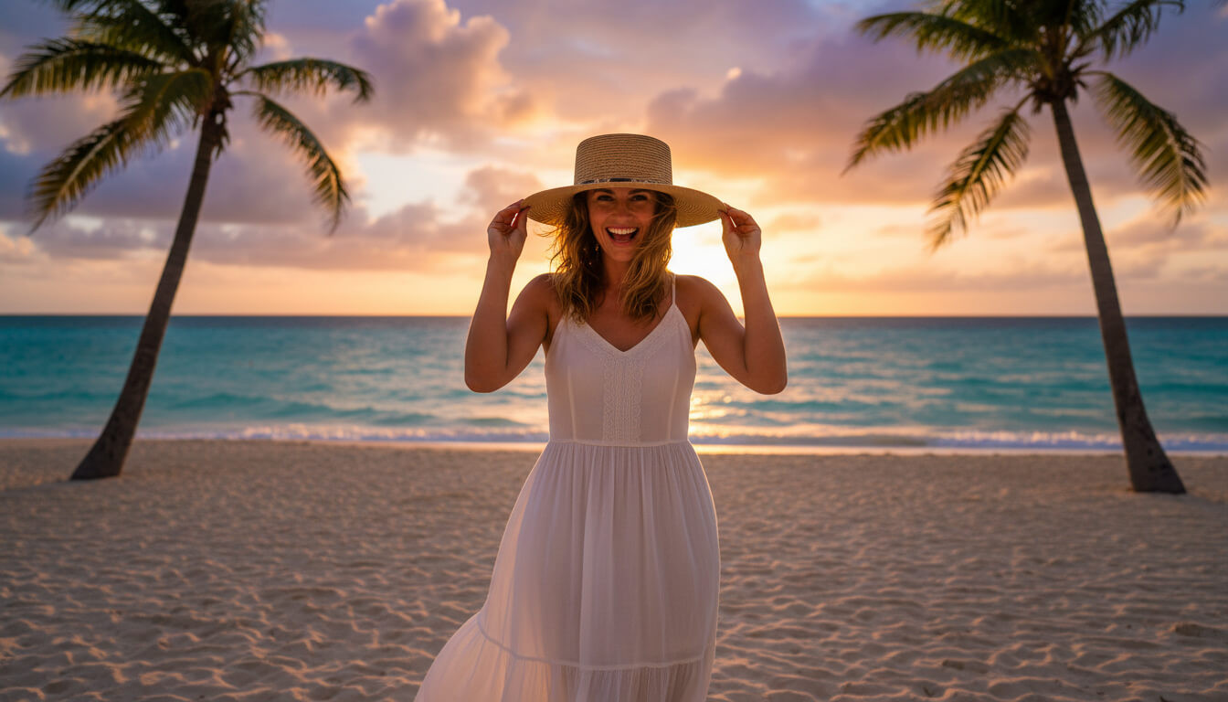 Lifestyle portrait of the Sun N Sand HH3504 Women’s Gambler Hat in natural-toned woven straw, featuring a flat telescope crown, wide brim, and a subtle patterned hatband for an adjustable fit and UPF 50+ sun protection.