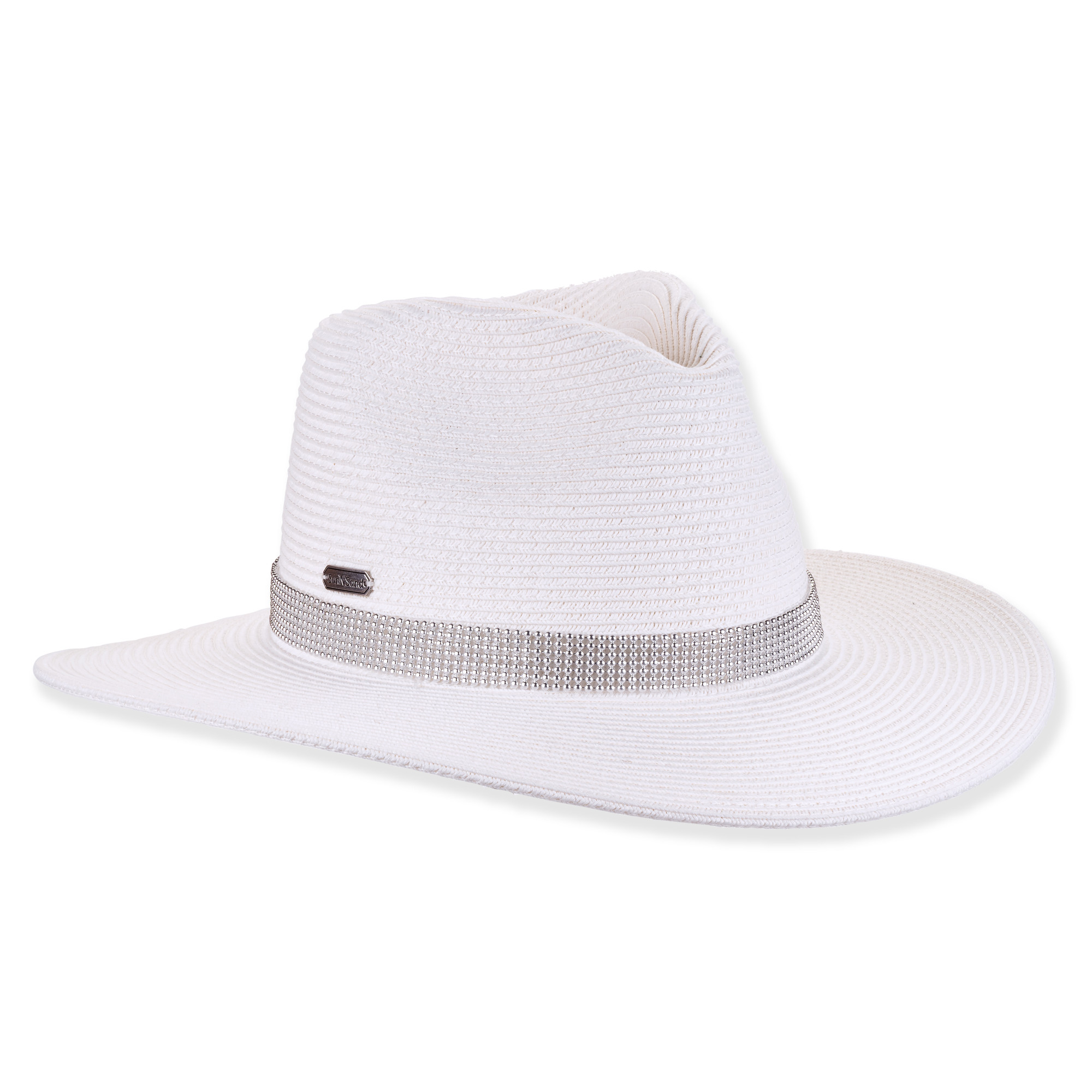Three-quarter studio view of Sun N Sand HH3520 white safari hat featuring a wide silver rhinestone encrusted band and metallic logo.