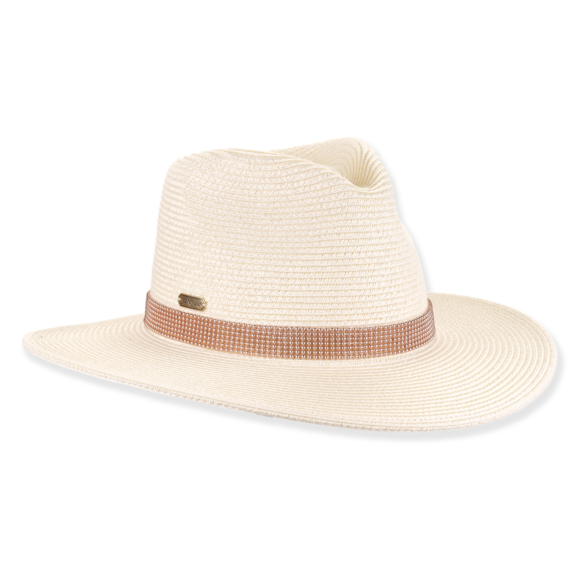 Three-quarter studio view of Sun N Sand HH3520 ivory safari hat featuring a rose gold rhinestone encrusted crown band.