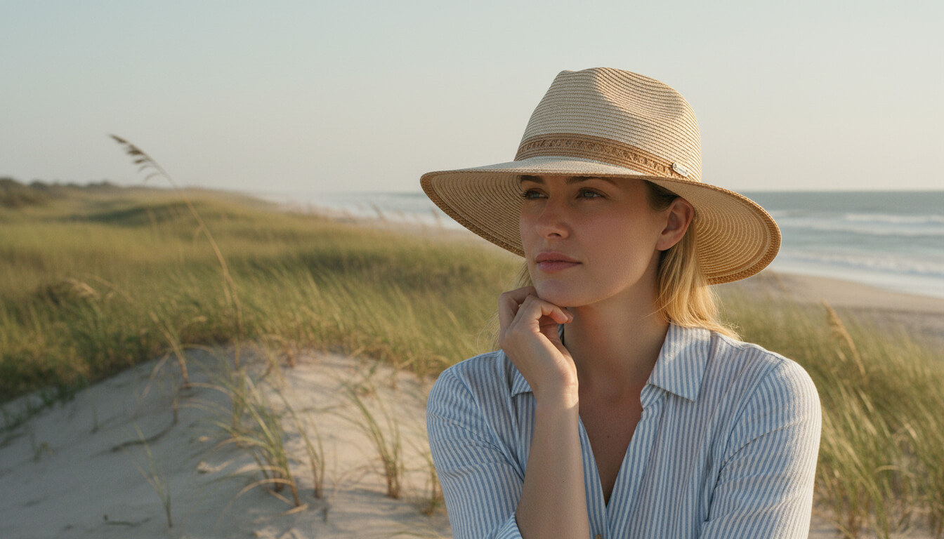 Lifestyle portrait of the Sun N Sand HH3520 Women’s Safari Hat in white woven straw, featuring a thin tan leatherette hatband and a structured crown with a downturned brim for an adjustable fit and UPF 50+ sun protection.