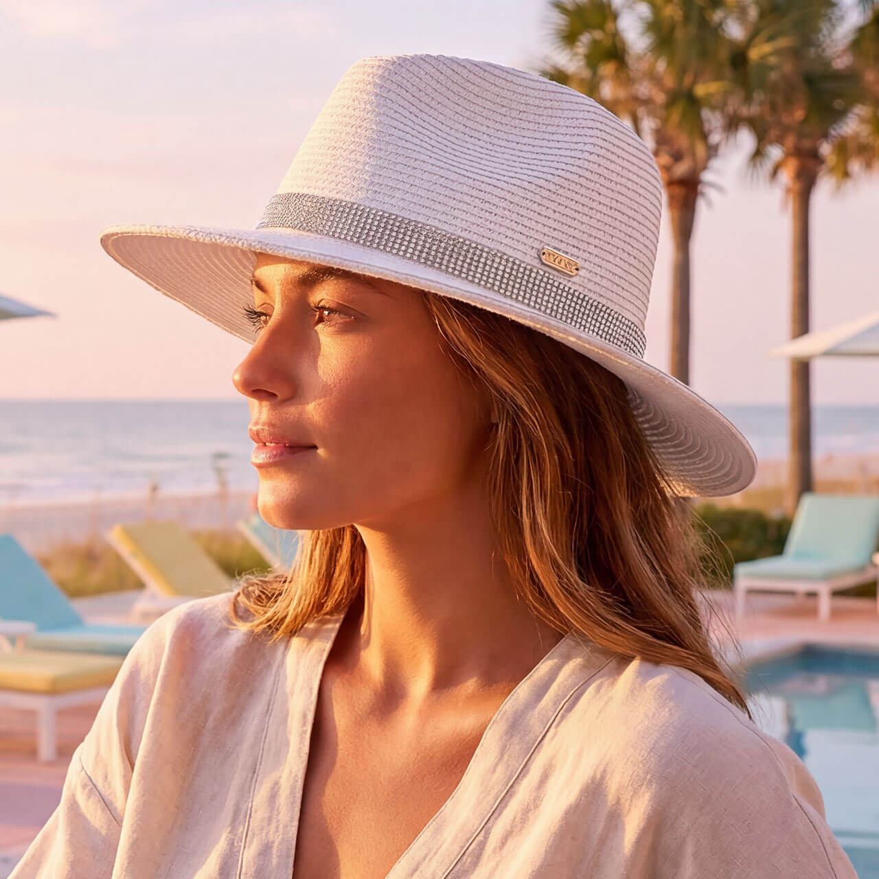 Lifestyle portrait of the Sun N Sand HH3520 Women’s Safari Hat in white woven straw, featuring a thin tan leatherette hatband and a structured crown with a downturned brim for an adjustable fit and UPF 50+ sun protection.