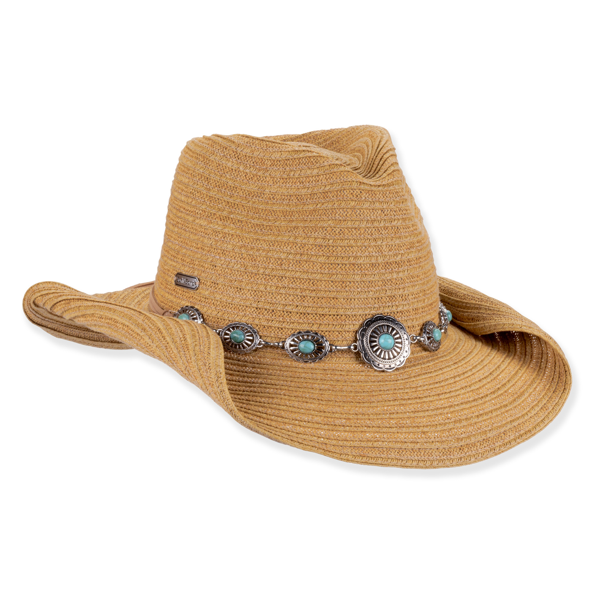 Three-quarter studio view of Sun N Sand HH3521 tab western hat featuring a black geometric embroidered band and metallic logo.