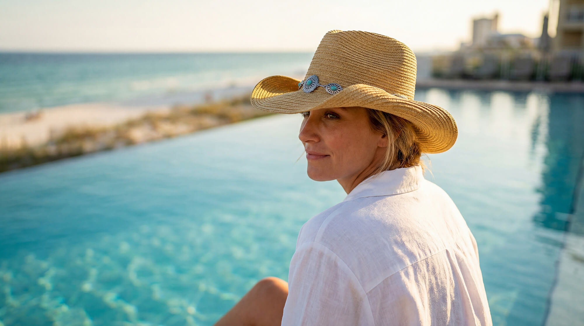 Lifestyle profile portrait of the Sun N Sand HH3521 Women’s Western Hat in natural-toned woven straw, featuring a turquoise-accented silver concho hatband and a classic pinched crown with an upturned brim for an adjustable fit and UPF 50+ sun protection.