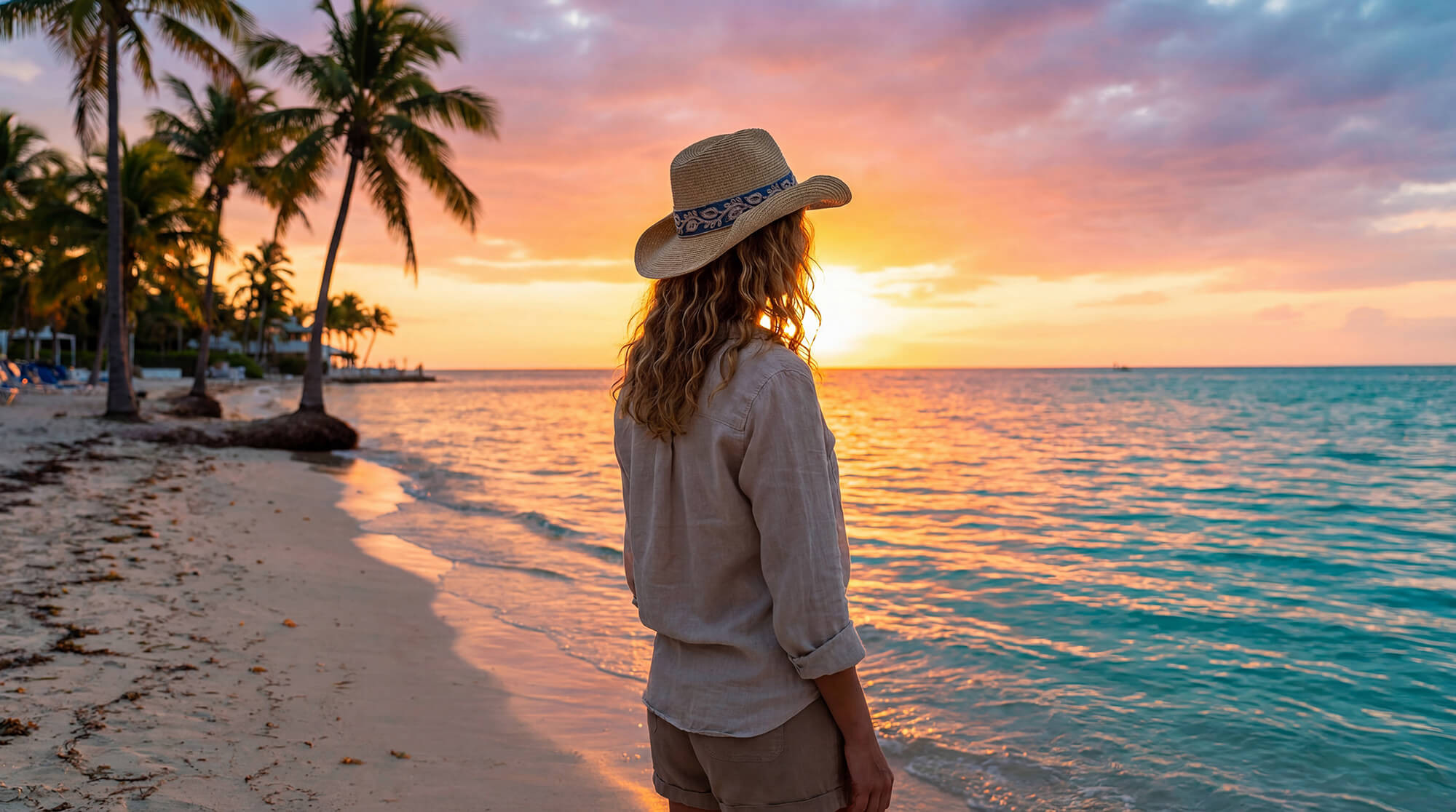Lifestyle rear portrait of the Sun N Sand HH3522 Women’s Western Hat in natural-toned woven straw, featuring a blue and white patterned hatband and a classic pinched crown with an upturned brim for an adjustable fit and UPF 50+ sun protection.