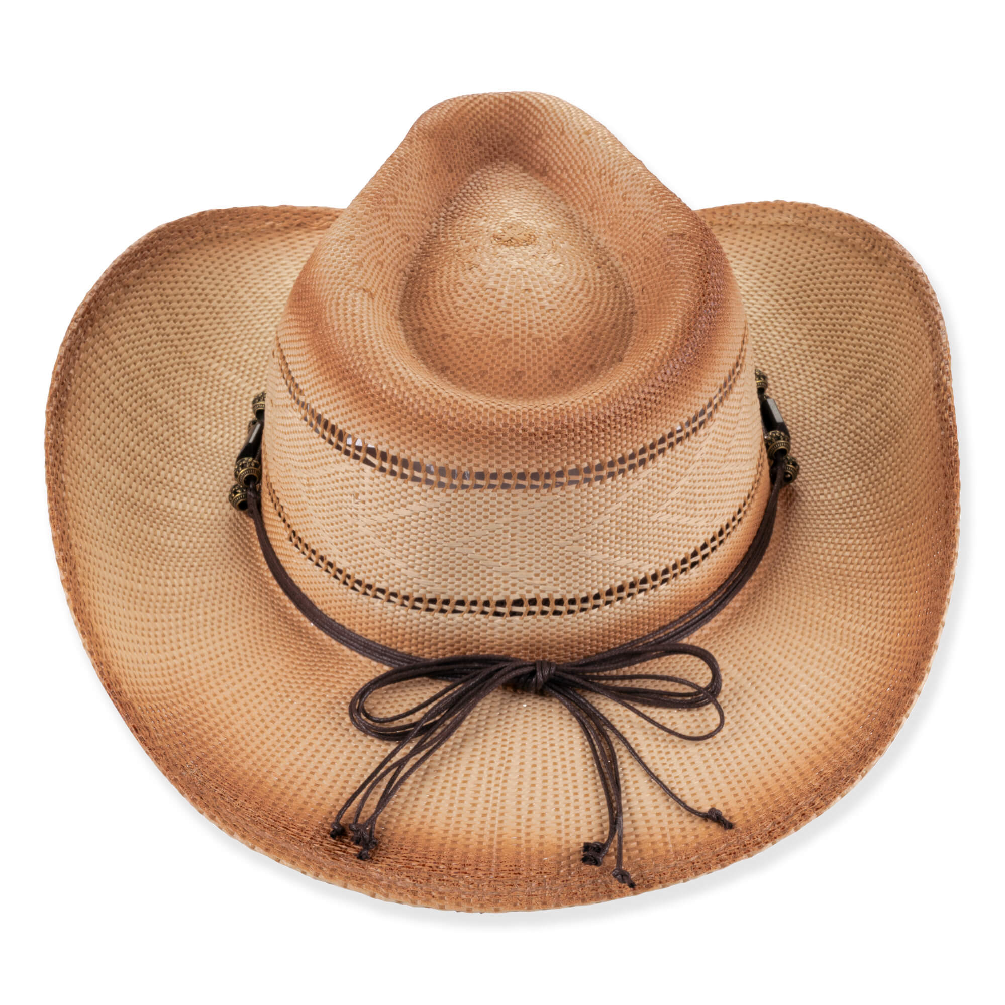 Three-quarter studio view of Sun N Sand HH3536 tan western hat featuring a bronze butterfly concho, black beads, and cattleman crown.