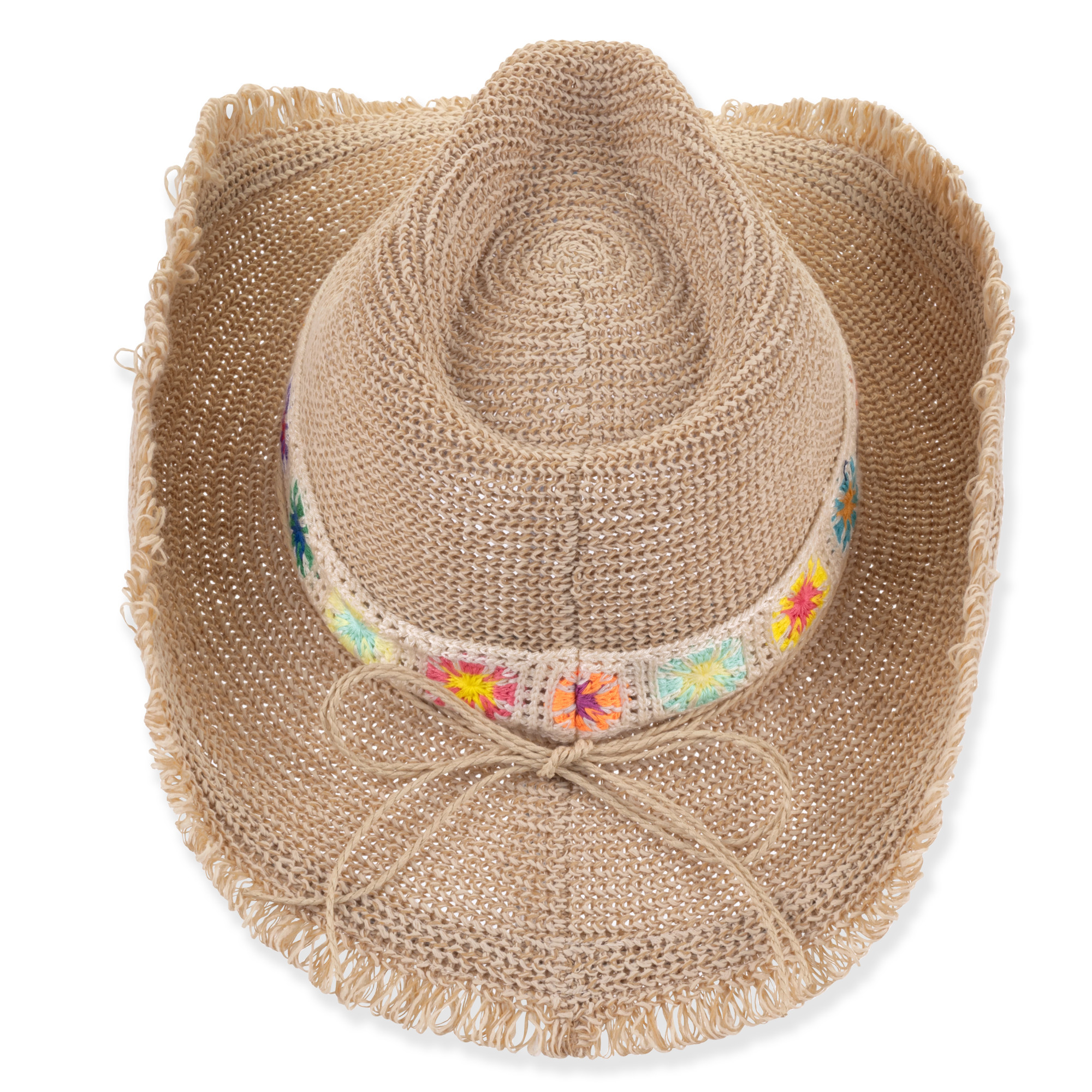 Three-quarter studio view of Sun N Sand HH3539 ivory western hat featuring a brown fabric crown band and wooden bead hardware.