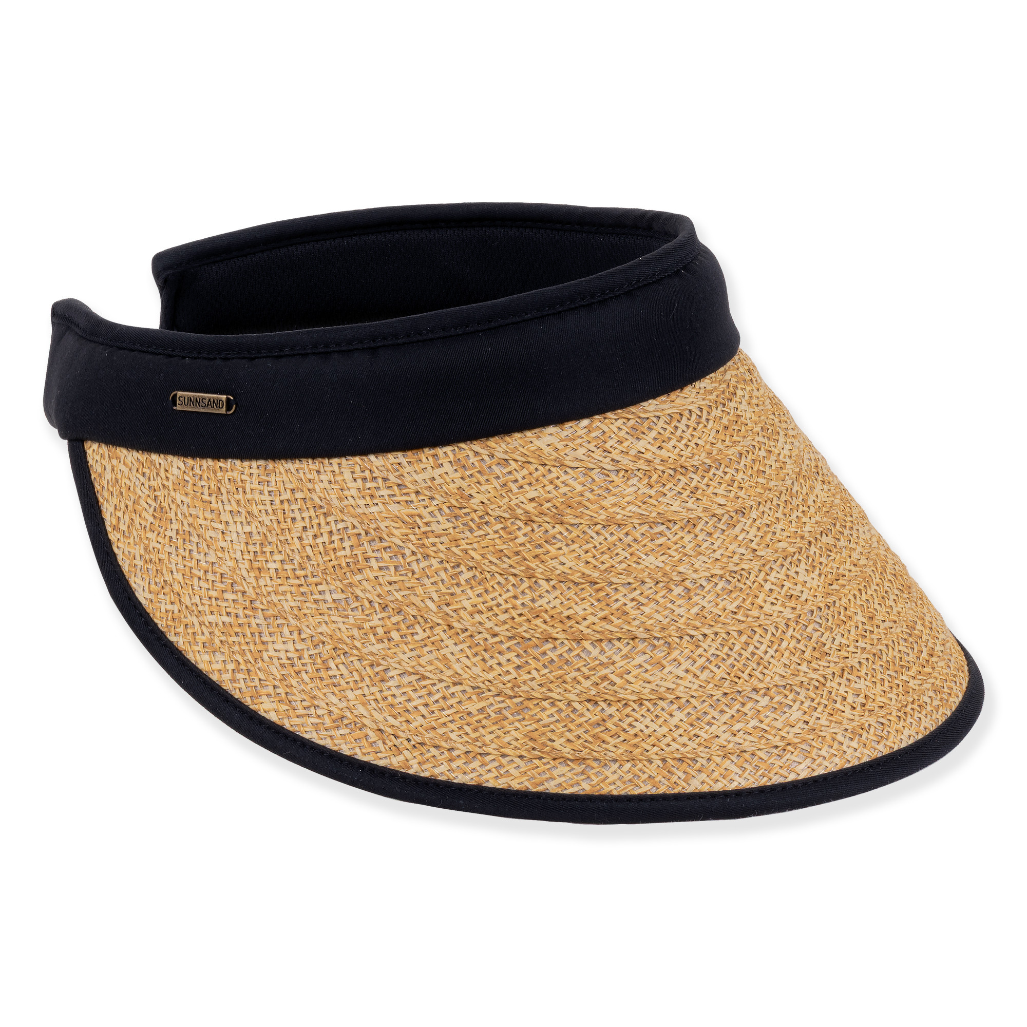 Three-quarter studio view of Sun N Sand HH3545 black straw clip-on visor featuring a black fabric border and metallic logo.