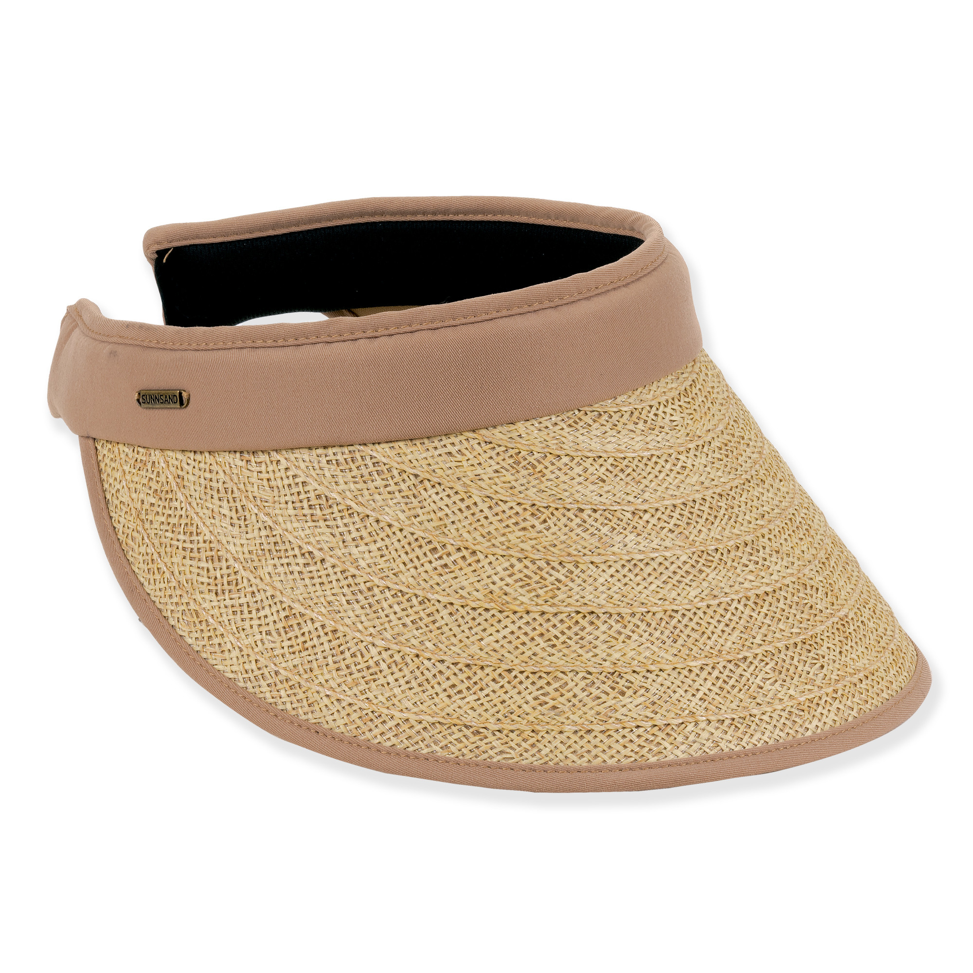 Three-quarter studio view of Sun N Sand HH3544 tan straw clip-on visor featuring a brown fabric border and metallic logo.