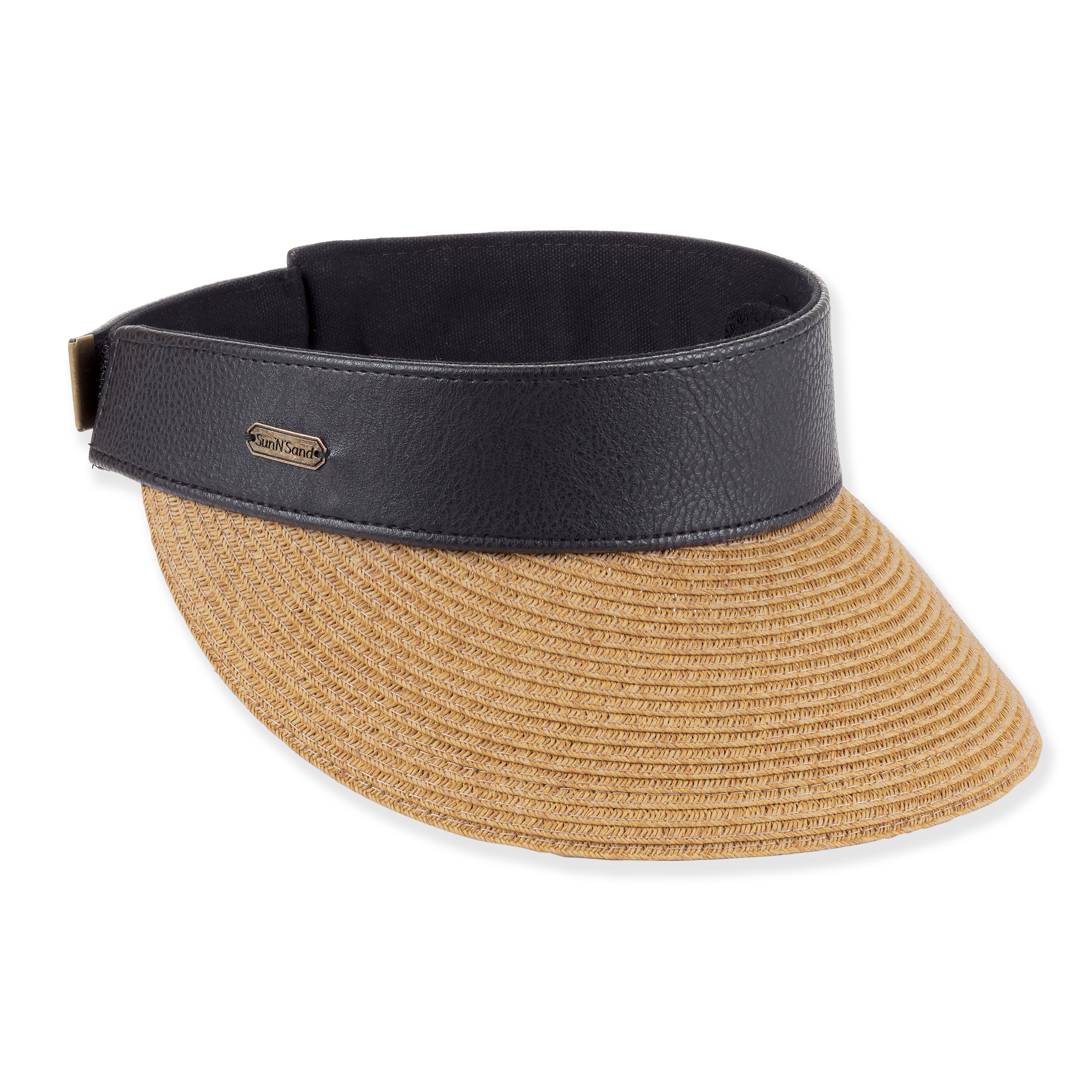 Woven straw brim visor with black leather band and gold buckle detail, isolated front view