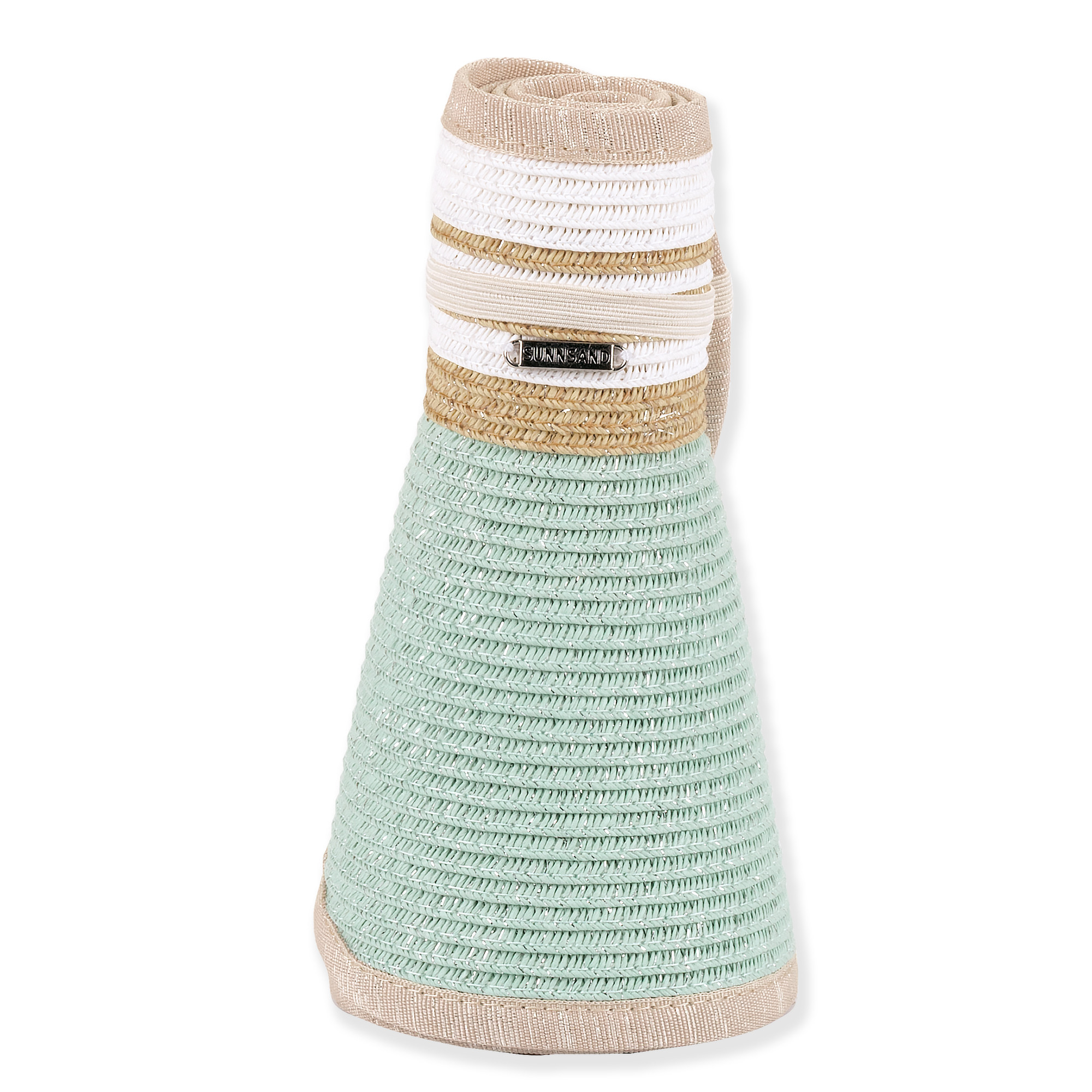 Three-quarter studio view of Sun N Sand HH3556 mint green straw rollup visor featuring a striped crown and tan fabric binding.
