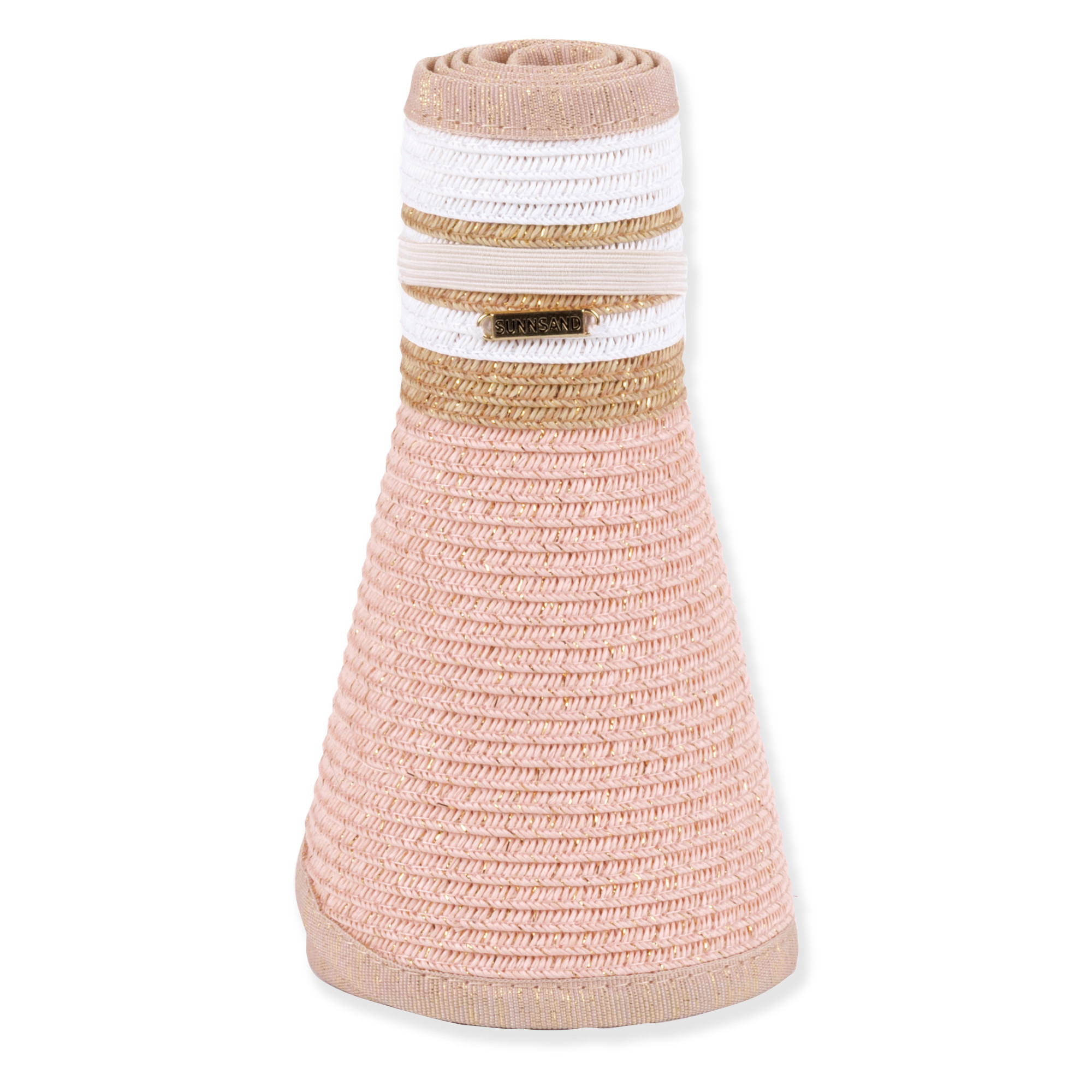 Three-quarter studio view of Sun N Sand HH3555 pink straw rollup visor featuring a striped crown and tan fabric binding.