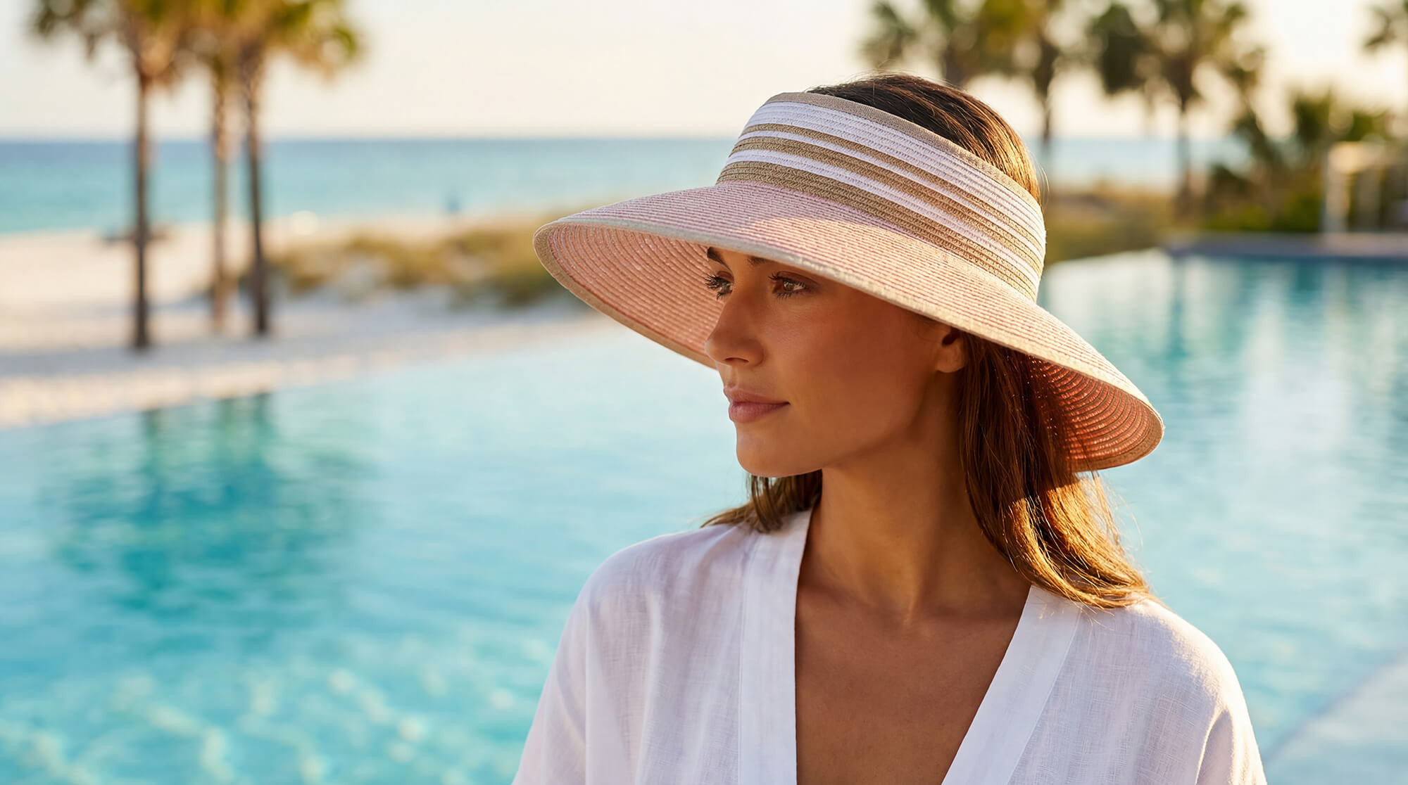 Lifestyle portrait of the Sun N Sand HH3555 Women’s Packable Rollup Visor in a black and white woven straw pattern, featuring an adjustable hook and loop closure and a wide, downturned brim for a custom fit and UPF 50+ sun protection.