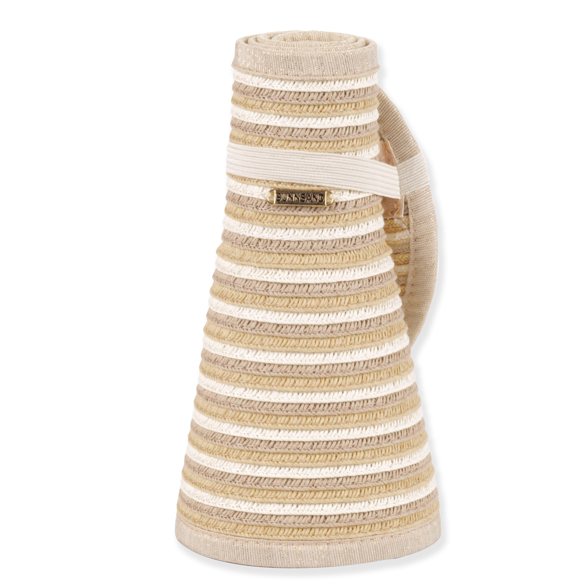 Three-quarter studio view of Sun N Sand HH3556 tan straw rollup visor featuring a multi-tonal striped pattern and tan fabric binding.