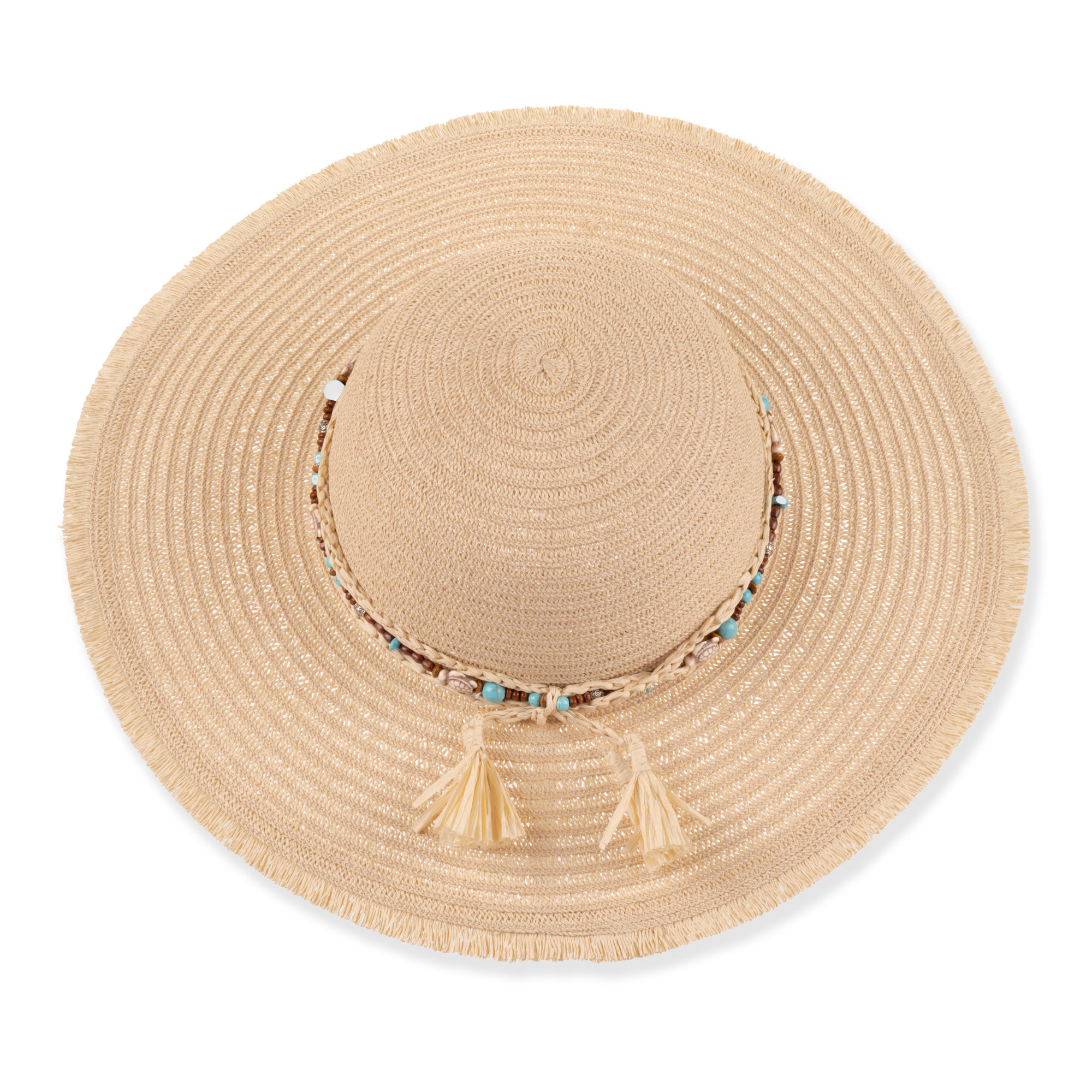 Three-quarter studio view of Sun N Sand HH3558 tan floppy hat featuring a beaded turquoise band, frayed edges, and tassels.