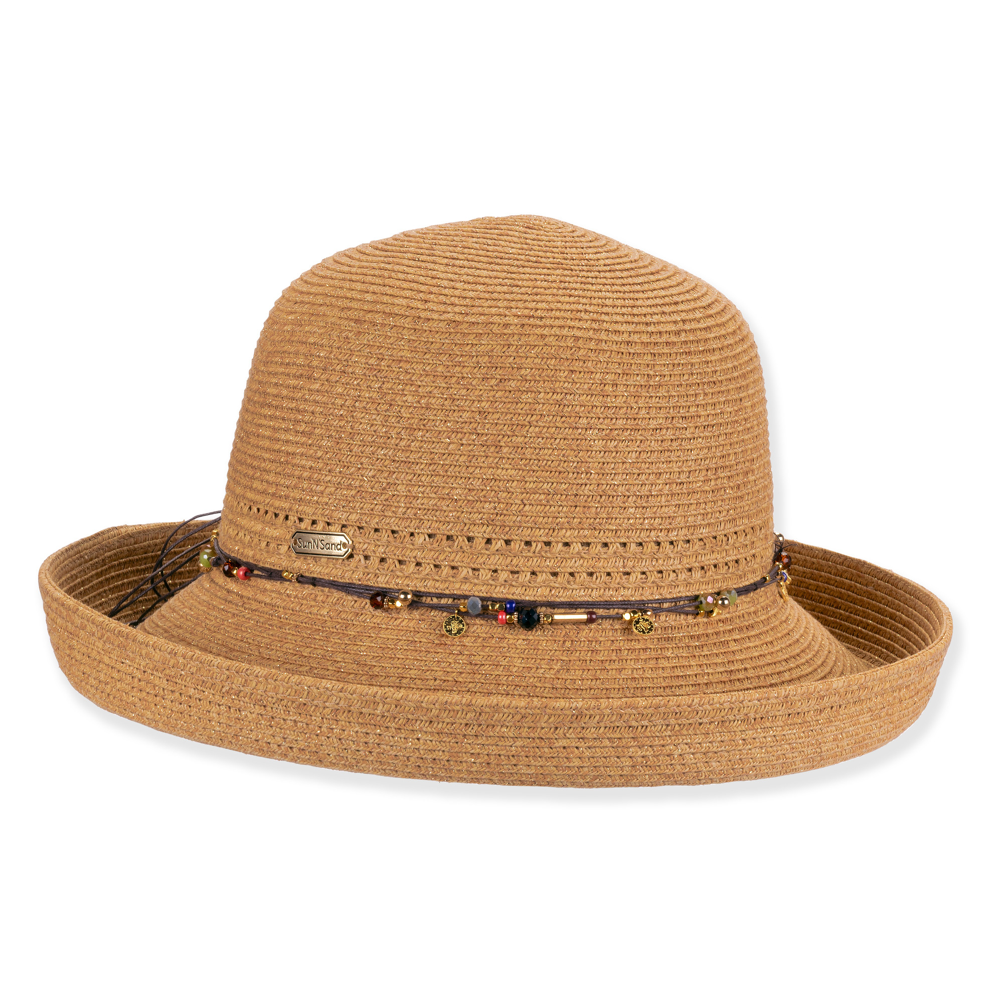 Three-quarter studio view of Sun N Sand HH3559 black metallic lurex up-brim hat featuring a multi-colored beaded cord band.