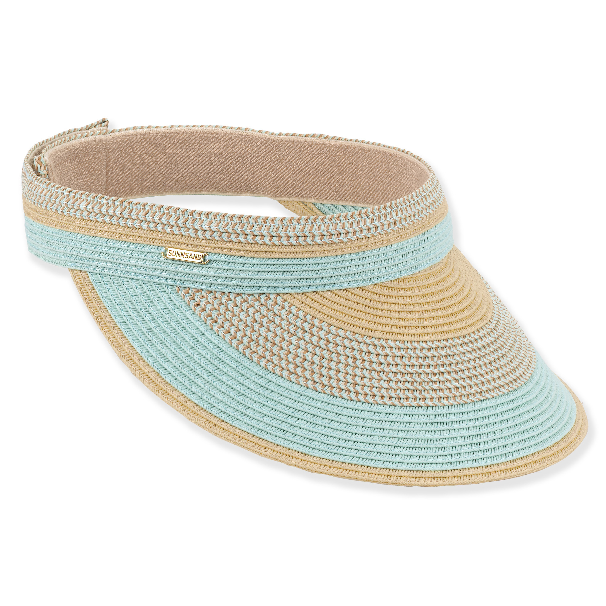 Striped woven straw sun visor, wide brim, adjustable tan headband, gold accent tag