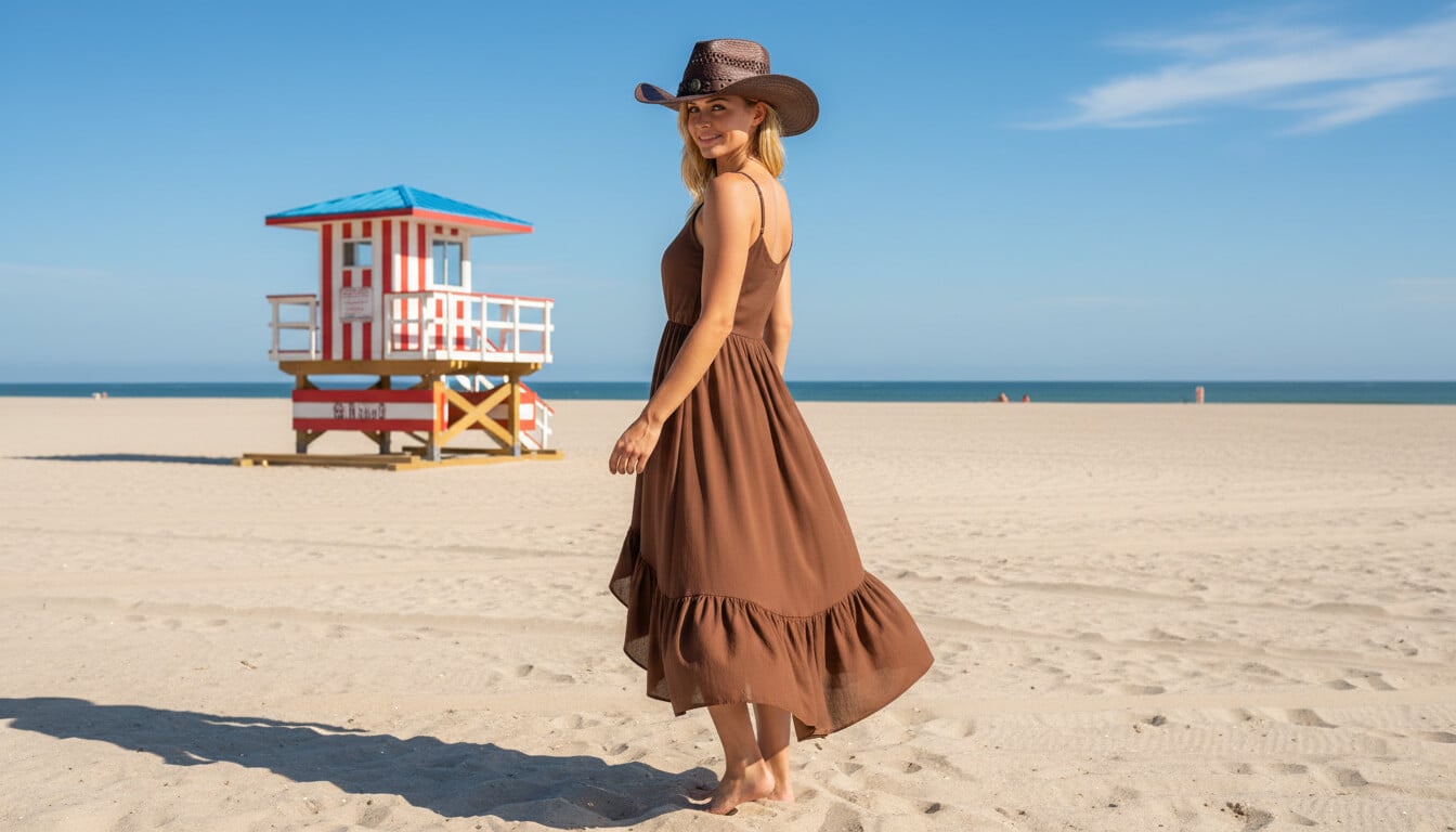 Lifestyle back-view portrait of the Sun N Sand HH3564 Women’s Western Hat in a dark chocolate brown woven straw, featuring a thin matching hatband with a central bronze concho and a structured pinched crown with an upturned brim for a classic fit and UPF 50+ sun protection.