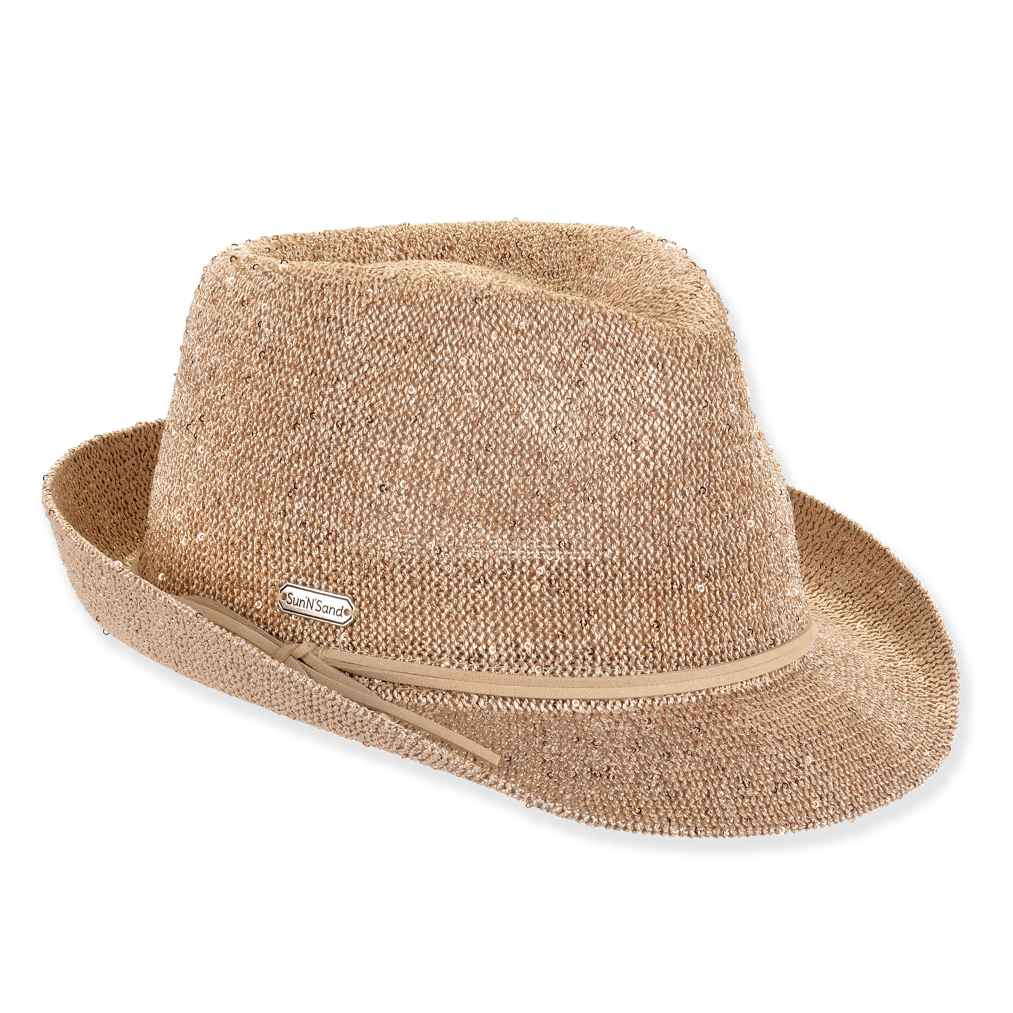Three-quarter studio view of Sun N Sand HH3567 tan fedora featuring metallic bronze sequins, a pinched crown, and tan trim.