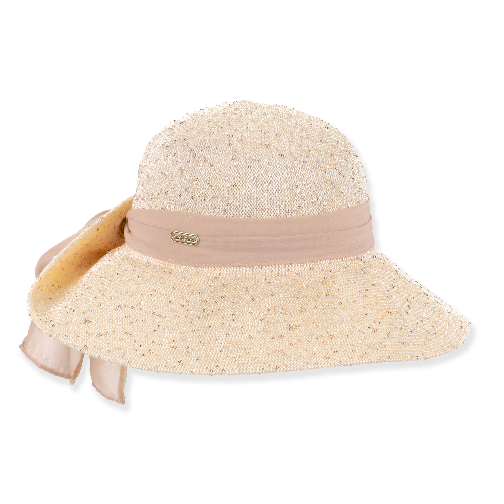 Beige woven upturn hat with wide brim, rounded crown, pink ribbon bow and small metal tag shown in clear front angled view.