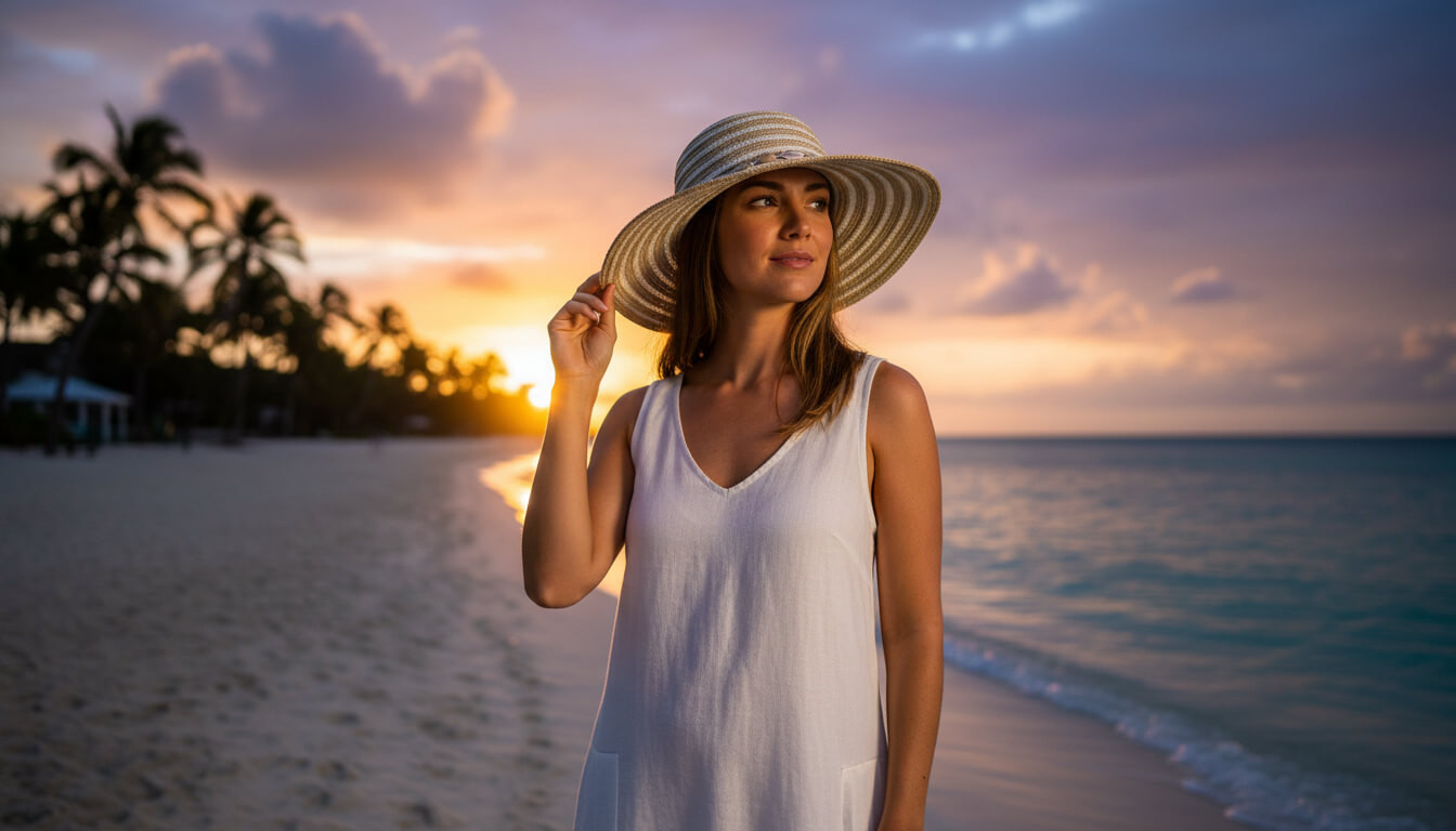 Lifestyle portrait of the Sun N Sand HH3580 Women’s Bucket Hat in a beige and white horizontal striped crochet knit, featuring a thin white ribbon hatband with seashell accents and a structured, wide down-sloping bucket brim for an adjustable fit and UPF