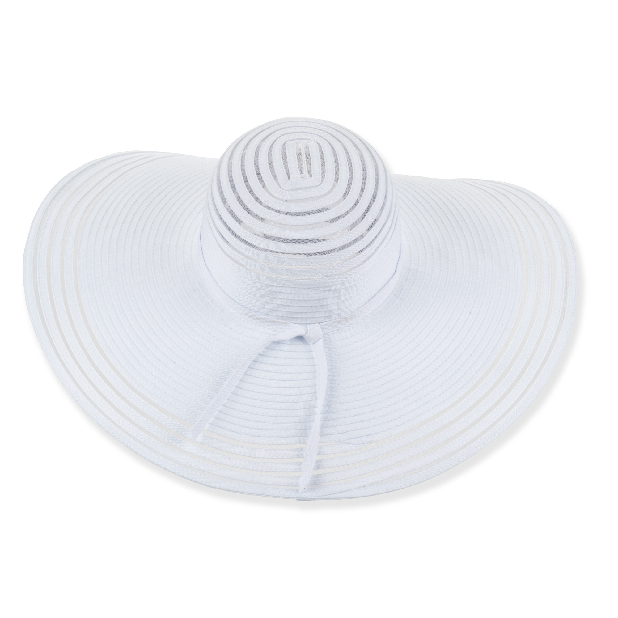 White wide-brimmed sun hat with woven texture, rounded crown, and decorative tie, isolated on white background, top-down flat lay view.