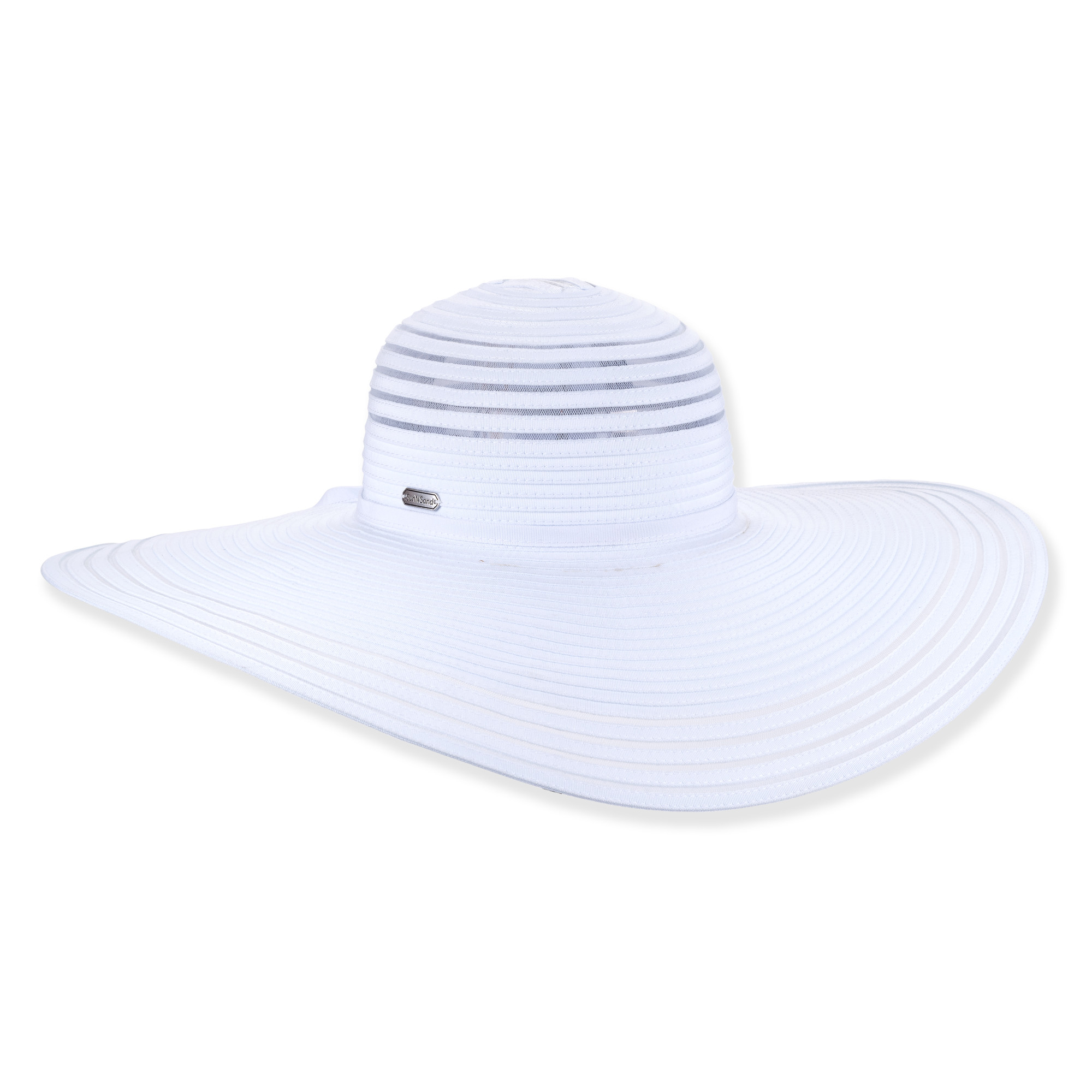 White wide-brimmed sun hat with woven texture, subtle striped band, and small metal logo detail.