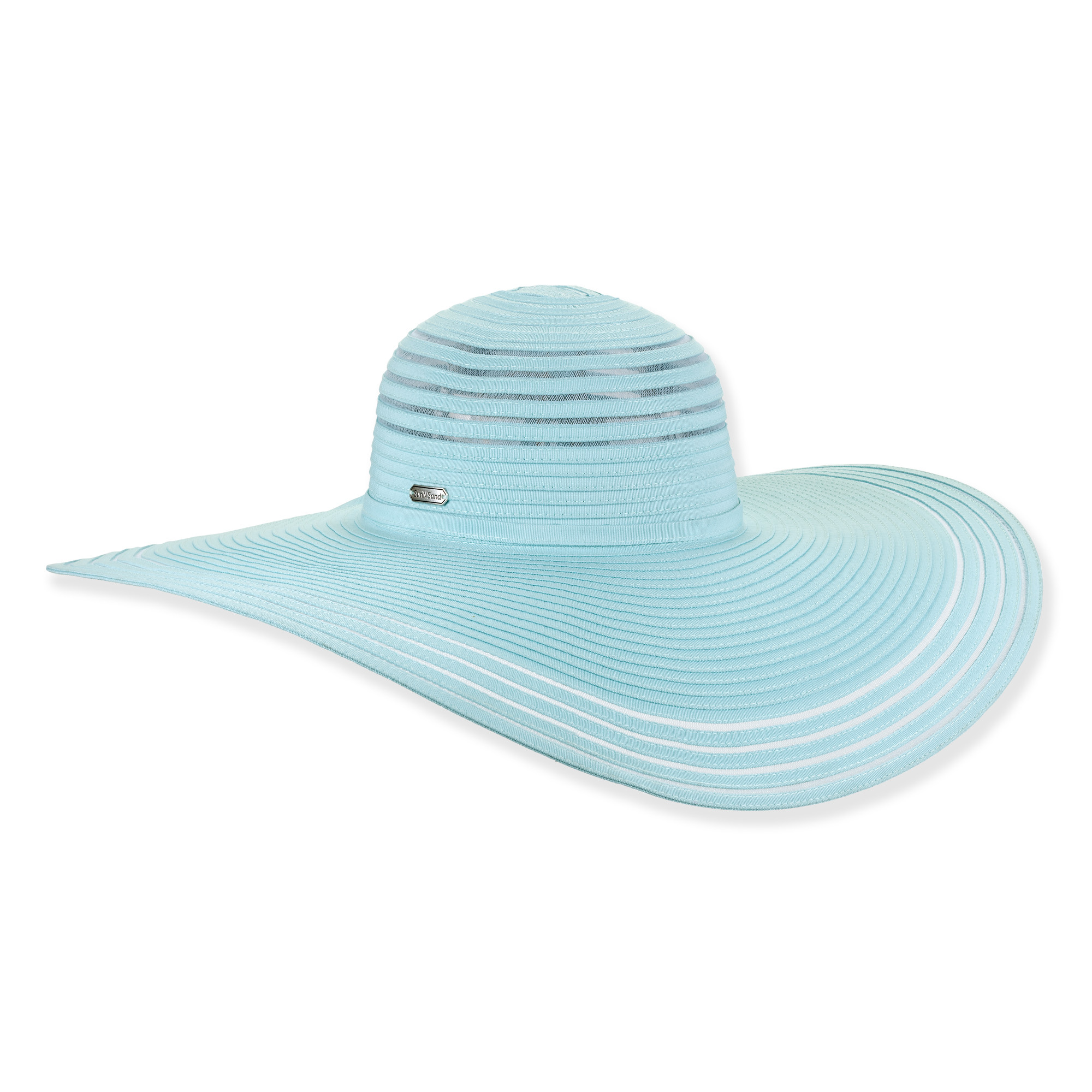 Light blue wide-brimmed sun hat with horizontal stripe texture, a rounded crown, and subtle band detail. Isolated