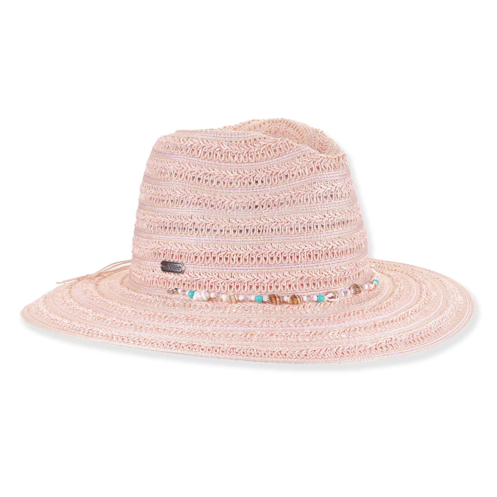 Front view of pink Sun N Sand HH3606 safari hat featuring open-weave texture, seashell beaded band, and silver logo hardware.