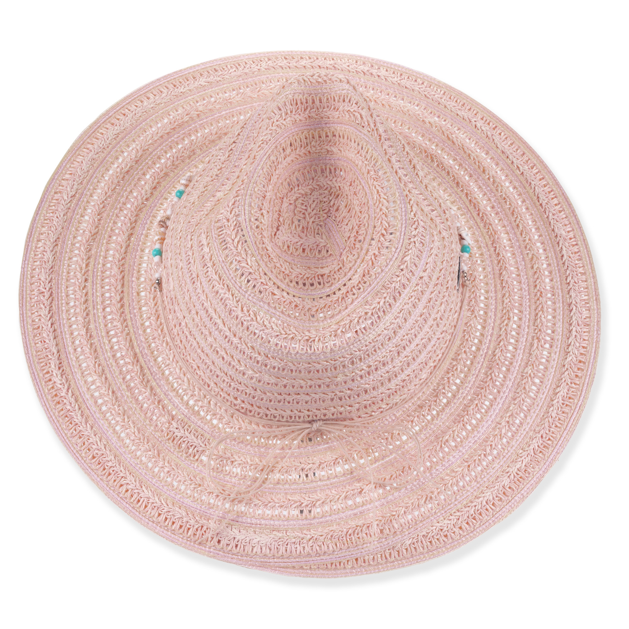 Front view of pink Sun N Sand HH3606 safari hat featuring open-weave texture, seashell beaded band, and silver logo hardware.