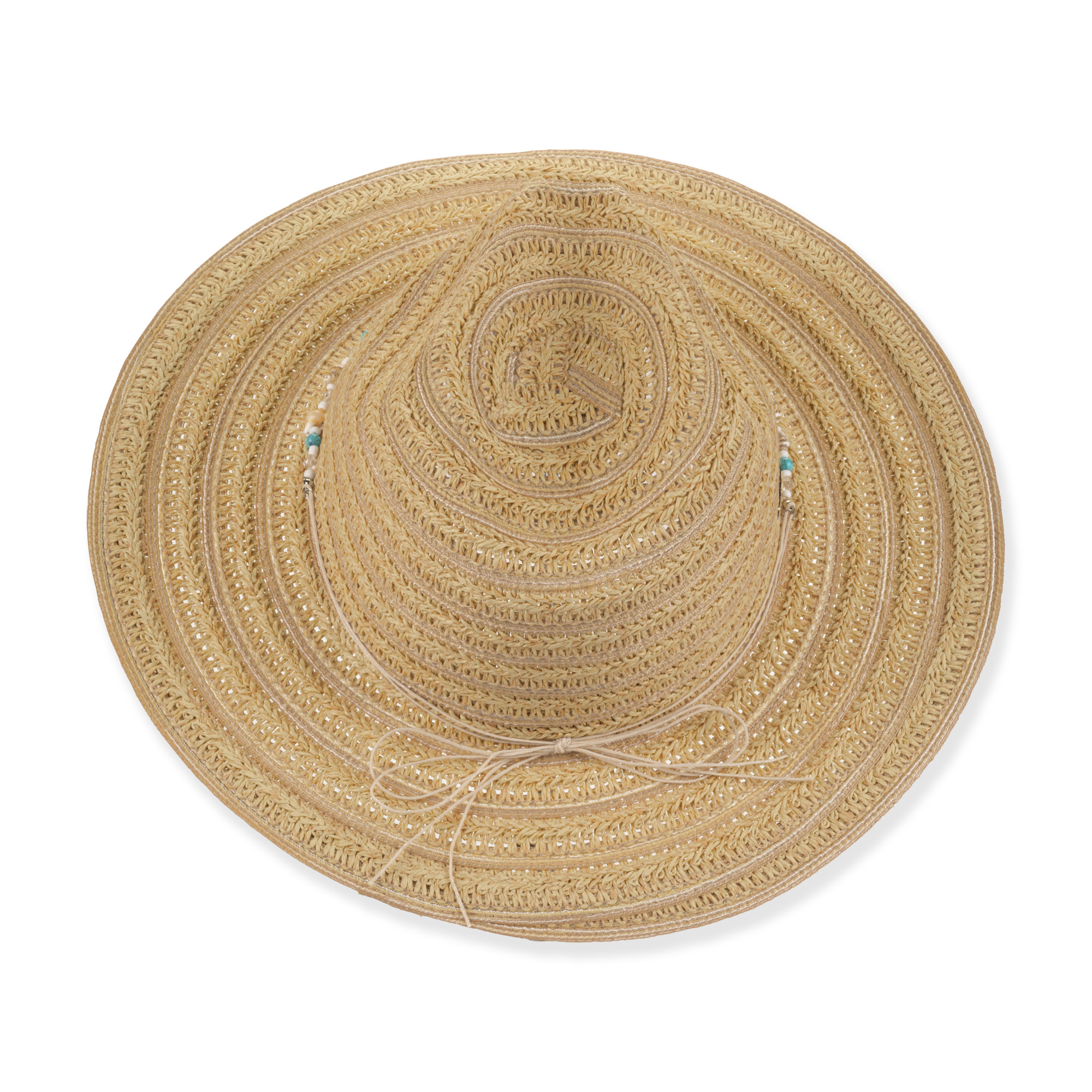 Three-quarter view of black Sun N Sand HH3606 visor featuring textured woven straw brim, scattered rhinestone accents, and metal logo plate.