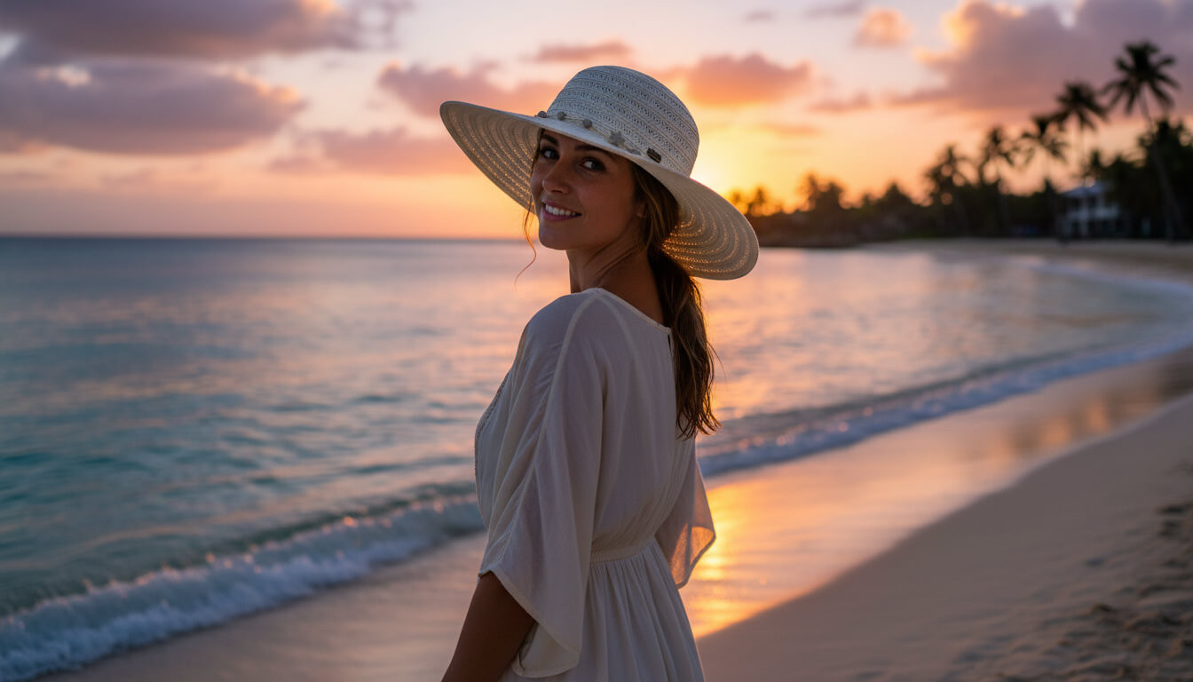 Lifestyle profile portrait of the Sun N Sand HH3610 A Women’s Floppy Hat in a crisp white woven fabric, featuring a decorative braided hatband with small metallic shell accents and a wide, structured floppy brim for an adjustable fit.
