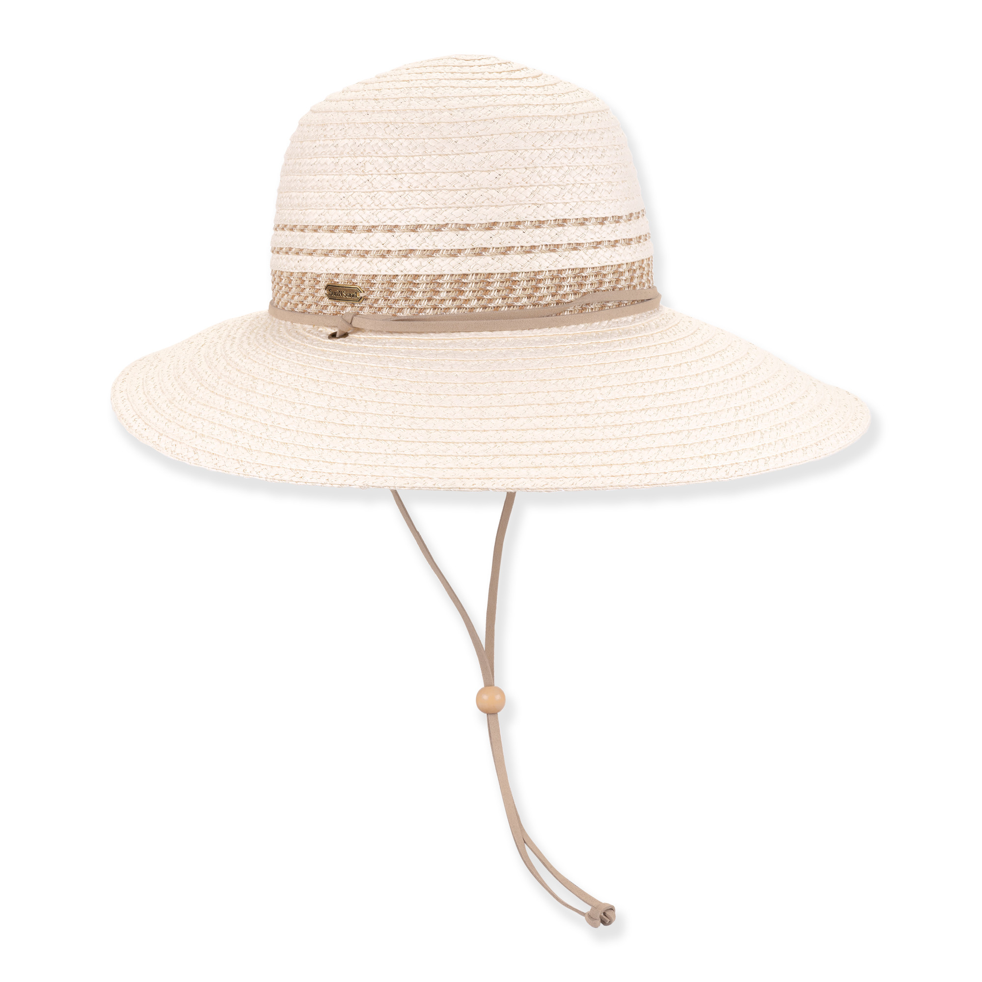 Front view of ivory Sun N Sand HH3615 A tapered bucket hat featuring interwoven straw, adjustable chin strap, and metal logo hardware