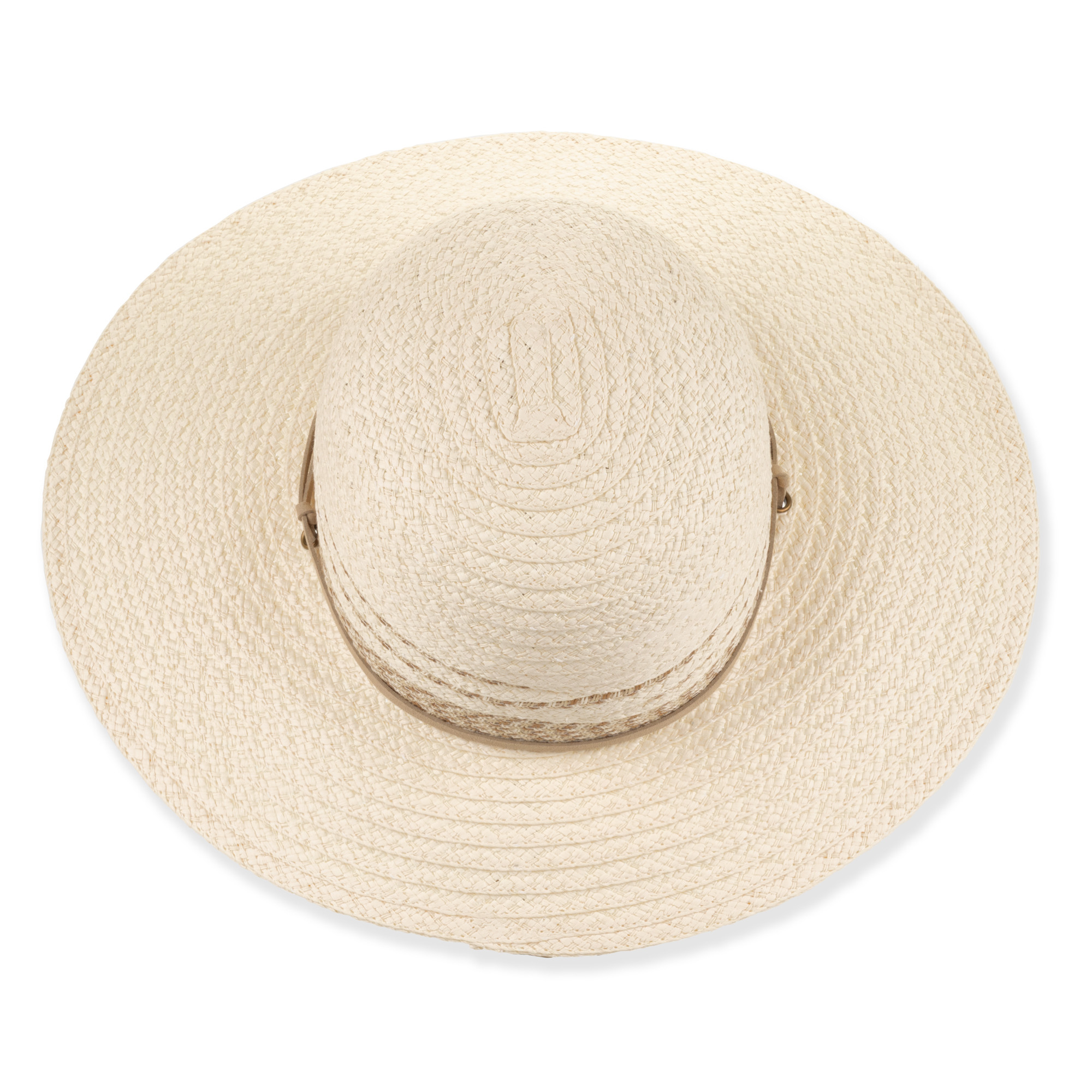 Front view of ivory Sun N Sand HH3615 A tapered bucket hat featuring interwoven straw, adjustable chin strap, and metal logo hardware