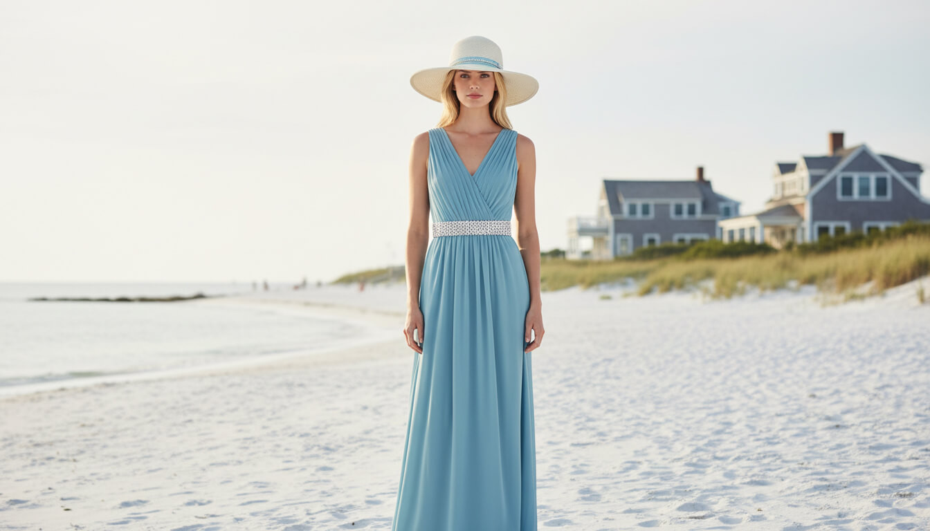Lifestyle portrait of the Sun N Sand HH3619 A Women’s Floppy Hat in a crisp white woven fabric, featuring a decorative blue patterned hatband with a side metallic brand plate and a wide, structured floppy brim for an adjustable fit and UPF 50+ sun protection.