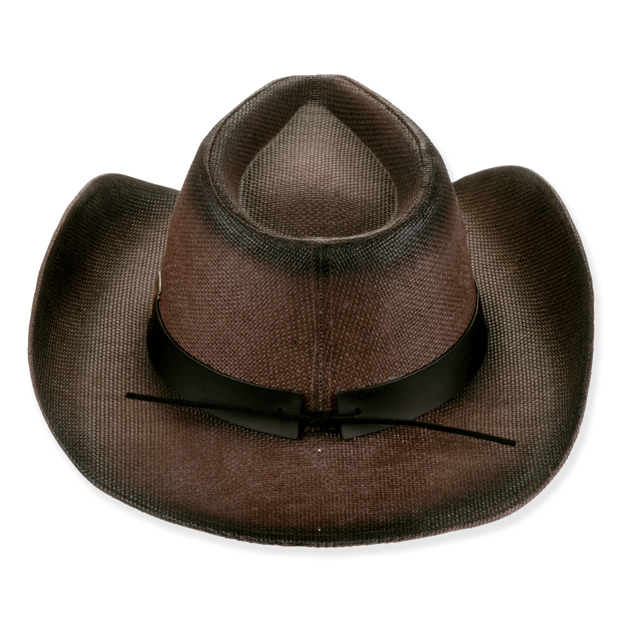 Brown textured cowboy hat with black band, classic Western shape, close-up view, outdoor style.