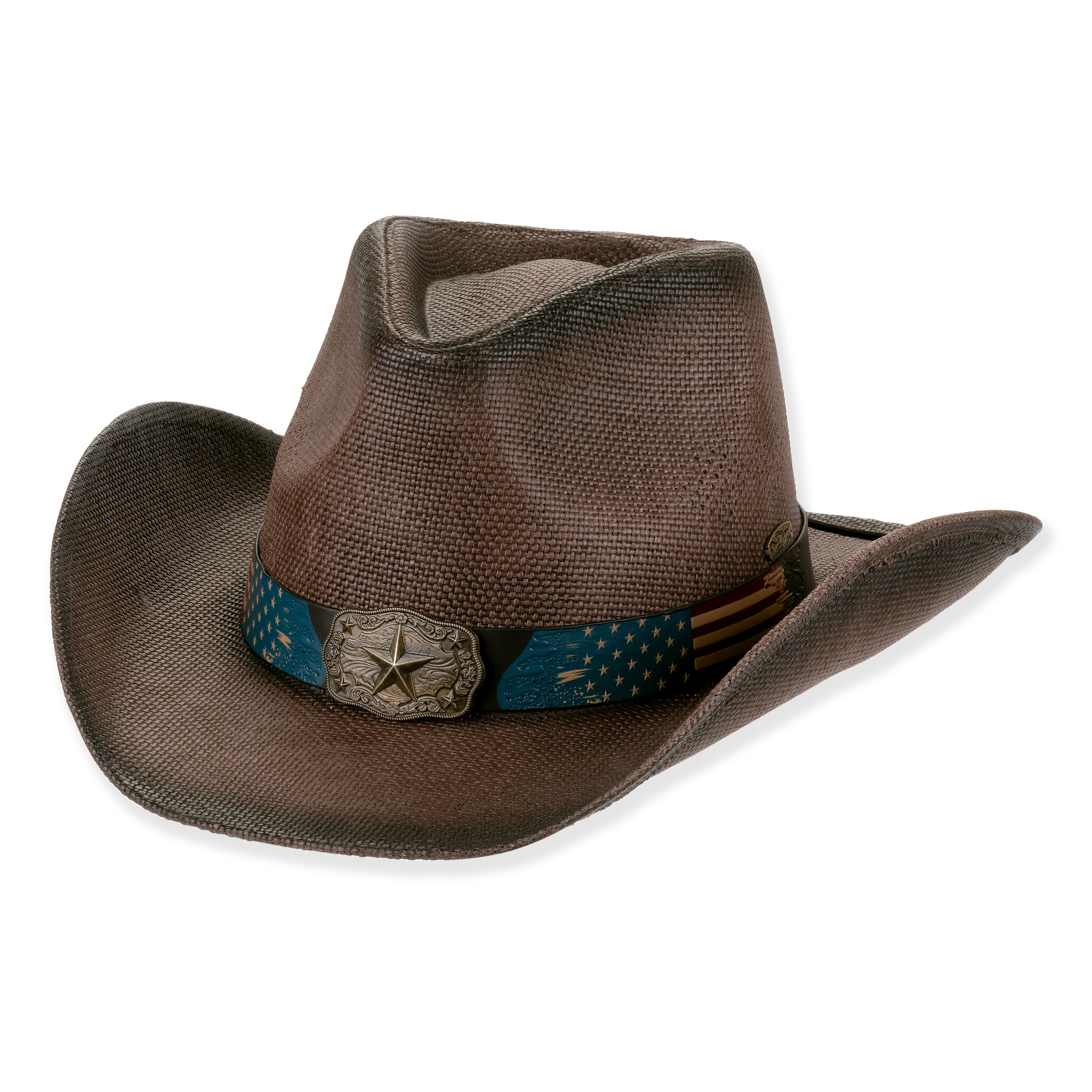 Distressed brown straw cowboy hat with patterned band and silver star buckle, front view